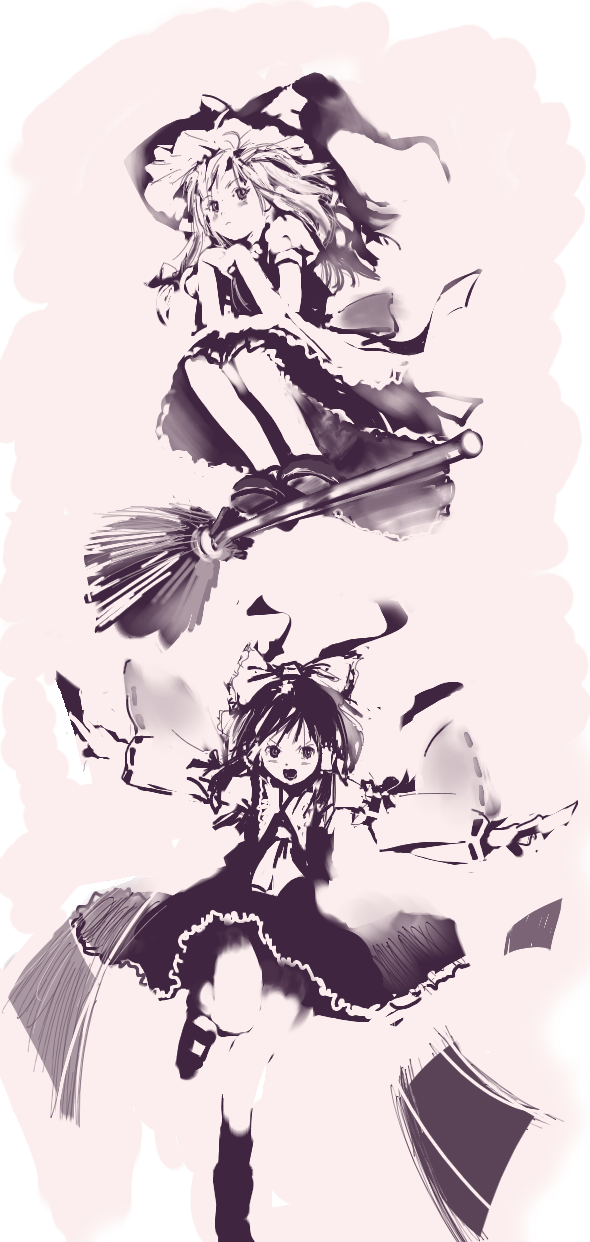 bangelstion, hakurei reimu, kirisame marisa, touhou, bad id, bad pixiv id, highres, 2girls, blush, broom, detached sleeves, female focus, hat, japanese clothes, miko, monochrome, multiple girls, ofuda, running, skirt, witch, witch hat