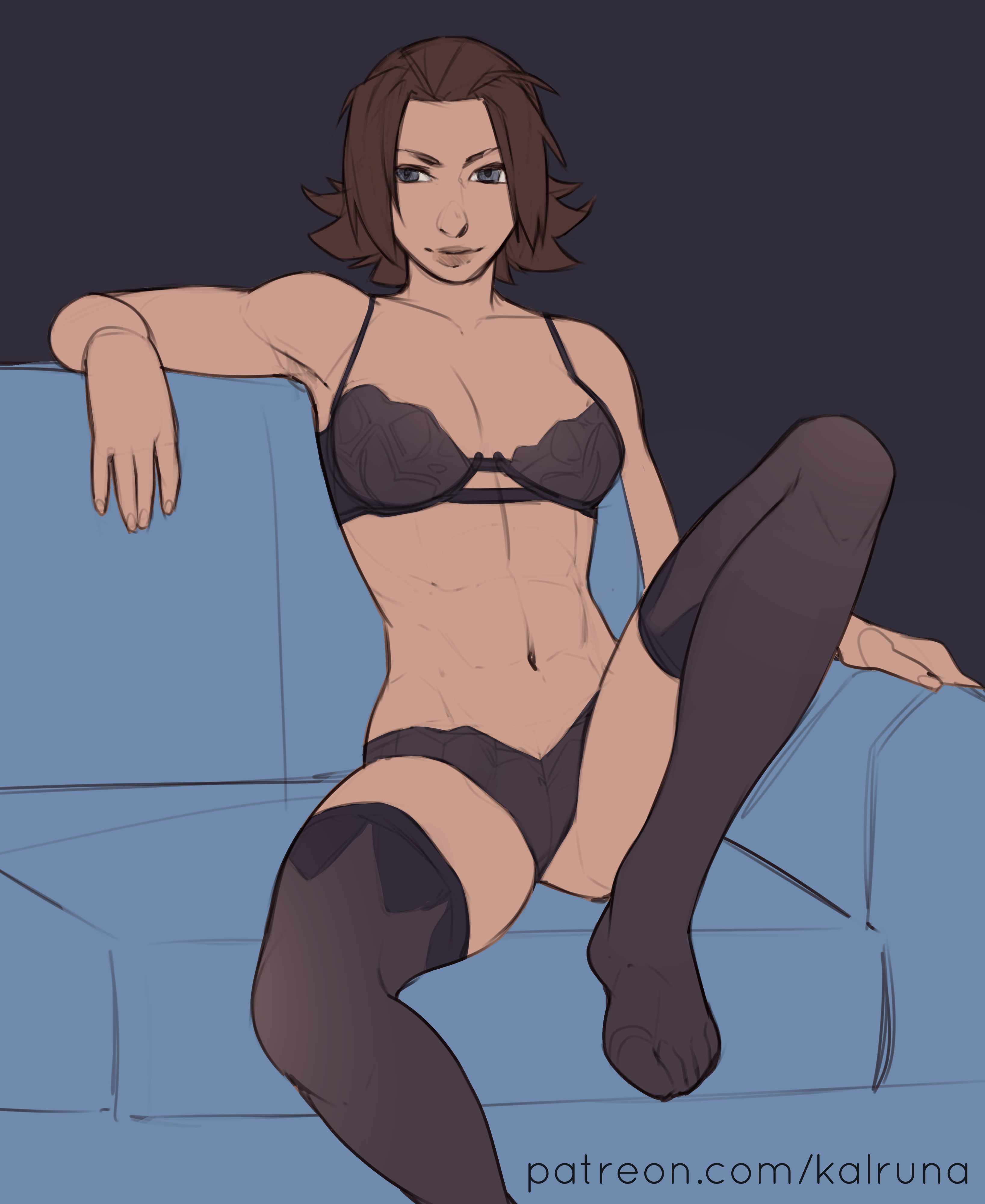 kalruna, tachibana ginchiyo (sengoku musou), nintendo, pokemon, pokemon conquest, sengoku musou, abs, black bra, black panties, black thighhighs, bra, breasts, brown hair, cleavage, couch, grey eyes, leg up, legs, lingerie, lips, lipstick, makeup, medium breasts, medium hair, navel, panties, parted bangs, sitting, thighhighs, thighs, tomboy, underwear, wide hips