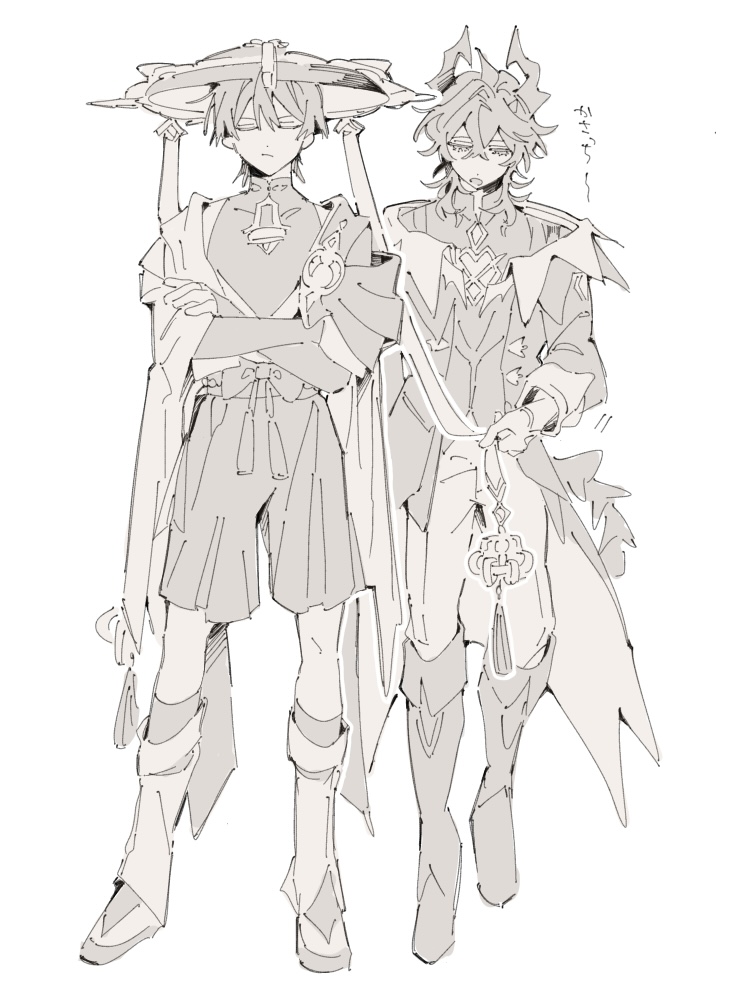 okktru, mini durin (genshin impact), mini durin (human) (genshin impact), scaramouche (genshin impact), wanderer (genshin impact), genshin impact, translation request, 2boys, belt, blunt ends, bodysuit, boots, bow, bridal gauntlets, cape, chest jewel, closed eyes, closed mouth, coat, coattails, crossed arms, crossed bangs, dragon boy, dragon horns, dragon tail, facing viewer, full body, furisode, gem, gloves, hair between eyes, hand on own arm, hat, heart-shaped gem, horns, japanese clothes, jingasa, kimono, knee boots, leg warmers, long sleeves, looking down, mandarin collar, multiple boys, open clothes, open coat, open kimono, pants, rope, sandals, sepia, short sleeves, shorts, shoulder peek, tail, tassel, vest, vision (genshin impact), white background, wispy bangs, zouri