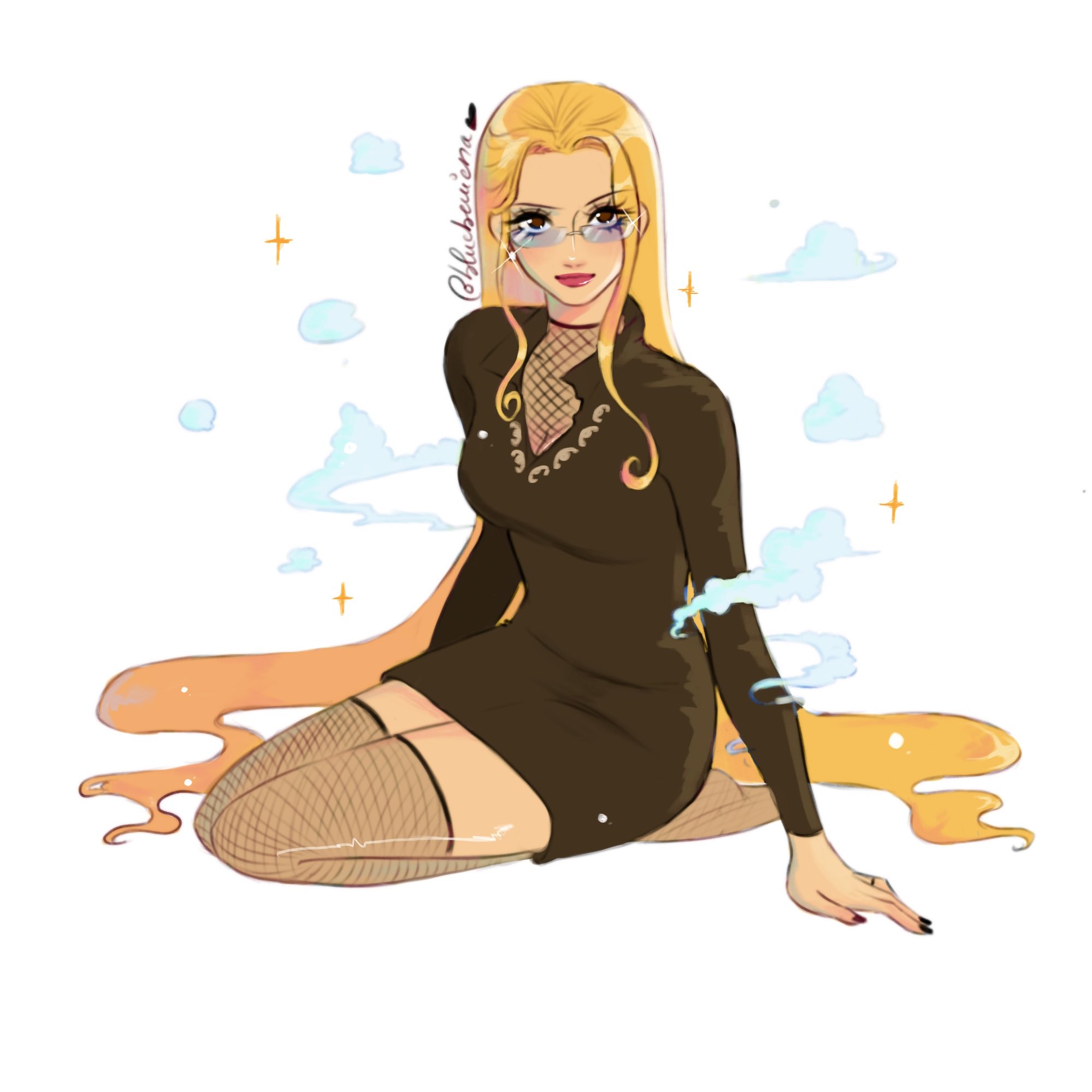 blueberriena, kalifa (one piece), one piece, commentary, english commentary, highres, 1girl, black dress, black nails, blonde hair, closed mouth, dress, fishnet thighhighs, fishnets, glasses, hair slicked back, long hair, long sleeves, seiza, sidelocks, sitting, solo, sparkle, thighhighs, twitter username