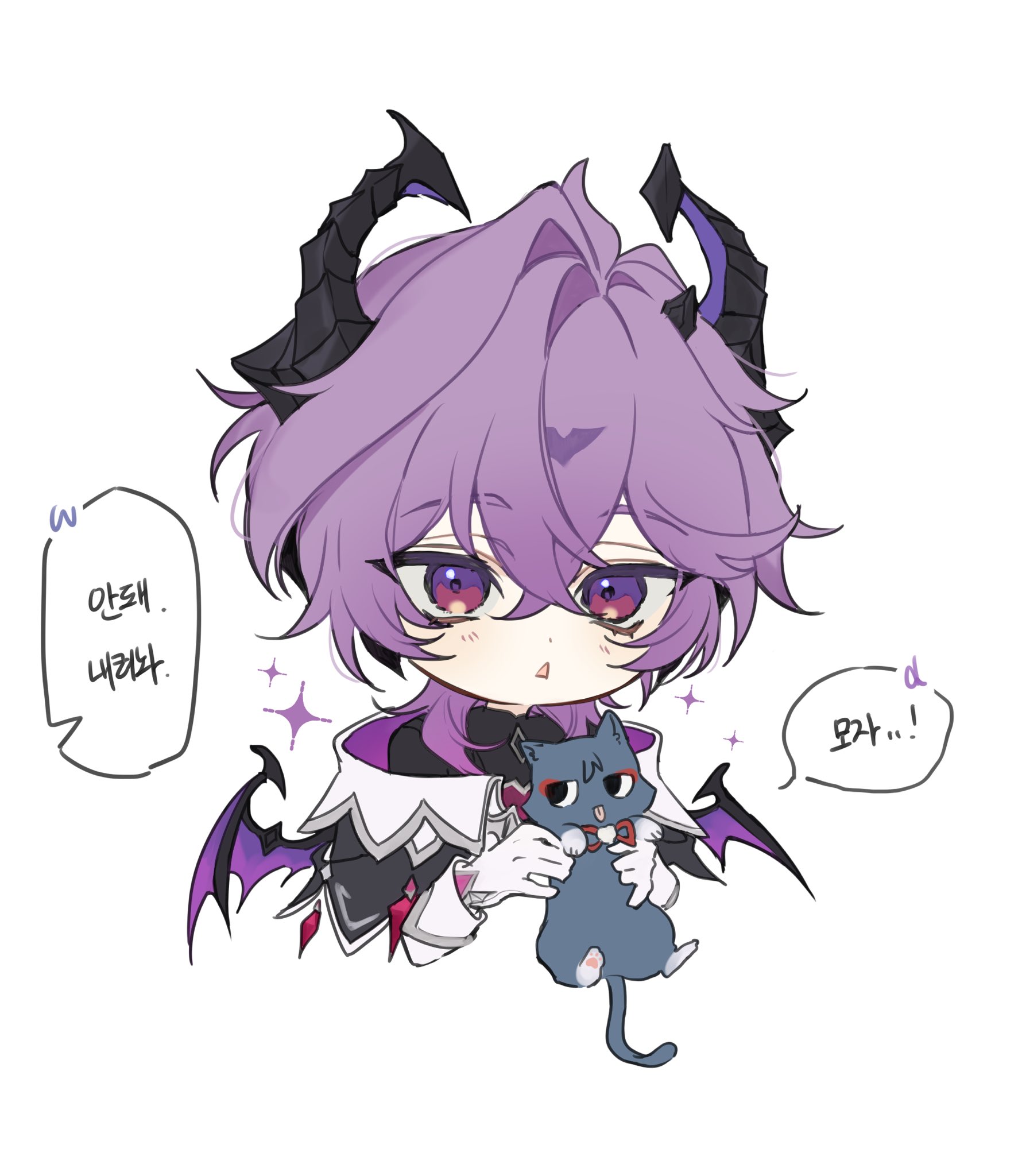 mini durin (genshin impact), mini durin (human) (genshin impact), scaramouche (cat) (genshin impact), scaramouche (genshin impact), genshin impact, highres, translation request, 1boy, animal, animalization, baobei mill, black cat, black horns, cat, chest jewel, collar, cropped torso, crossed bangs, crystal, dragon boy, dragon horns, dragon wings, facial mark, forehead mark, gem, gloves, hair between eyes, heart-shaped gem, holding, holding animal, holding cat, horns, korean text, light blush, looking at viewer, male focus, open mouth, purple eyes, purple hair, purple horns, purple wings, red gemstone, sparkle, speech bubble, triangle mouth, two-sided horns, white background, white collar, white gloves, wings