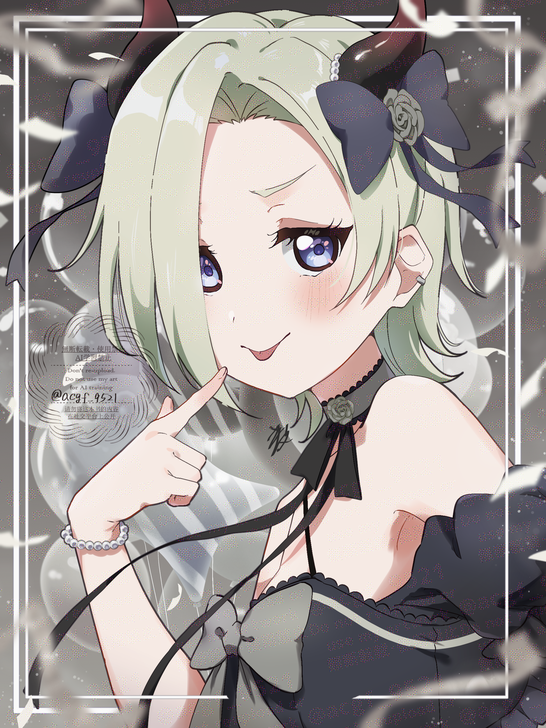 kyaku tasu, mia taylor, love live!, love live! nijigasaki high school idol club, absurdres, commentary, highres, 1girl, balloon, birthday, blonde hair, blue eyes, blush, bracelet, breasts, confetti, demon horns, hair ribbon, horns, jewelry, looking at viewer, ribbon, signature, small breasts, solo, tongue, tongue out, twitter username, upper body, watermark