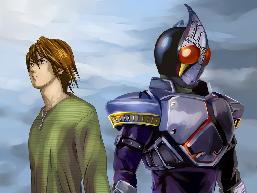 ashi ura, kamen rider blade, kenzaki kazuma, kamen rider, kamen rider blade (series), 1boy, armor, bodysuit, breastplate, brown hair, dual persona, helmet, long sleeves, looking afar, male focus, shirt, upper body