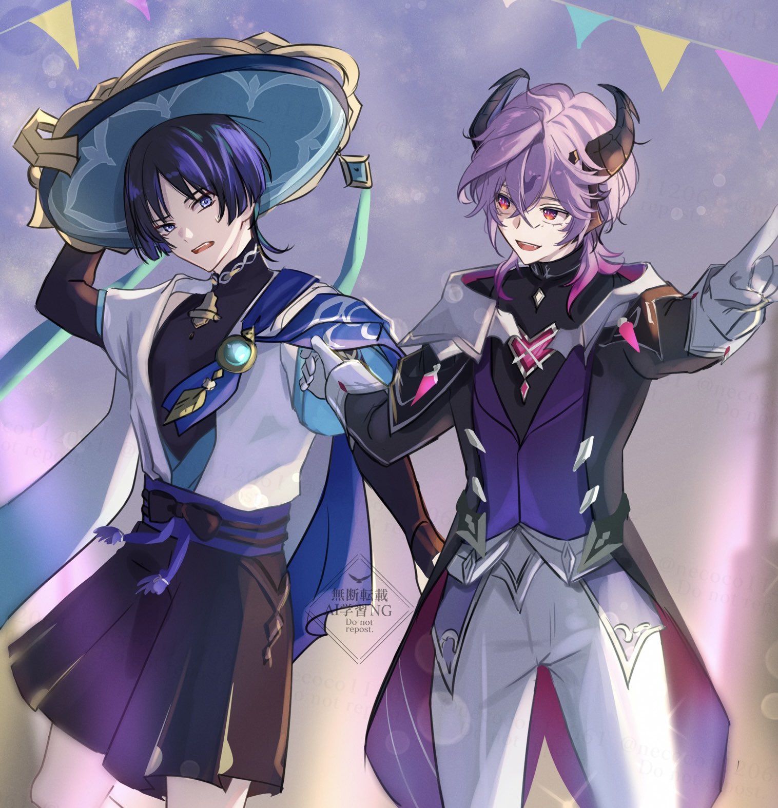 necoco112061, mini durin (genshin impact), mini durin (human) (genshin impact), scaramouche (genshin impact), wanderer (genshin impact), genshin impact, highres, 2boys, arm at side, arm up, belt, black belt, black bodysuit, black bow, black bridal gauntlets, black coat, black horns, black shorts, blue cape, blue gemstone, blue hat, blue kimono, blue sleeves, blunt ends, bodysuit, bow, bridal gauntlets, bunting, cape, cape tug, chest jewel, cleavage cutout, clothing cutout, coat, coattails, crossed bangs, dragon horns, facial mark, feathers, forehead mark, gem, gloves, gold, hair between eyes, hakama, hakama shorts, hands up, hat, heart-shaped gem, hip vent, horns, japanese clothes, jingasa, juban, kimono, layered sleeves, lens flare, looking at another, mandarin collar, multiple boys, open clothes, open coat, open kimono, open mouth, outdoors, pants, pleated shorts, pointing, pointing forward, pom pom (clothes), purple eyes, purple hair, purple sash, purple vest, red eyes, red gemstone, sash, short sleeves, shorts, shoulder peek, sweatdrop, teeth, tsurime, upper teeth only, vest, watermark, white gloves, white kimono, white pants, white sleeves, white trim, wispy bangs, yellow feathers