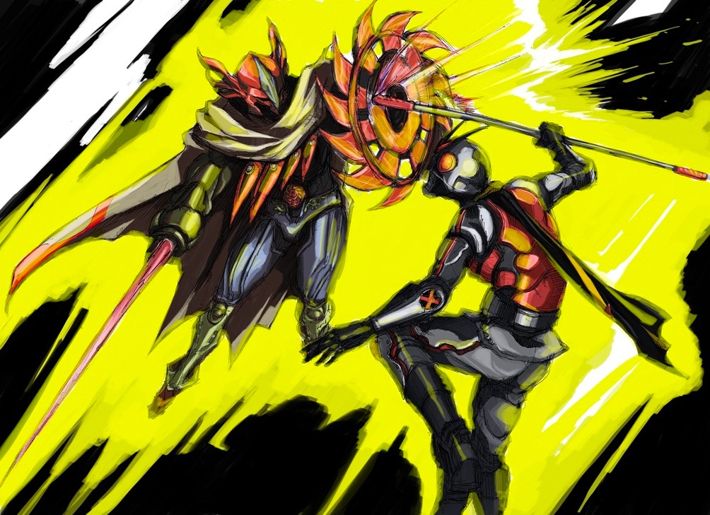 chun (pixiv178364), gachirin, apollo geist, kamen rider x, kamen rider, kamen rider x (series), bad id, bad pixiv id, 2boys, antennae, battle, belt, cape, multiple boys, rapier, rod, scarf, shield, sword, weapon