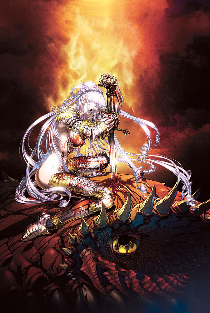 cotetsu yamanaka, yamanaka kotetsu, 1girl, armor, blood, breasts, claymore (sword), death, dragon, drill hair, elbow gloves, female focus, floating hair, gloves, injury, long hair, monster, naked armor, nude, pointy ears, profile, purple hair, sitting, solo, stab, sword, thighhighs, very long hair, weapon, white hair