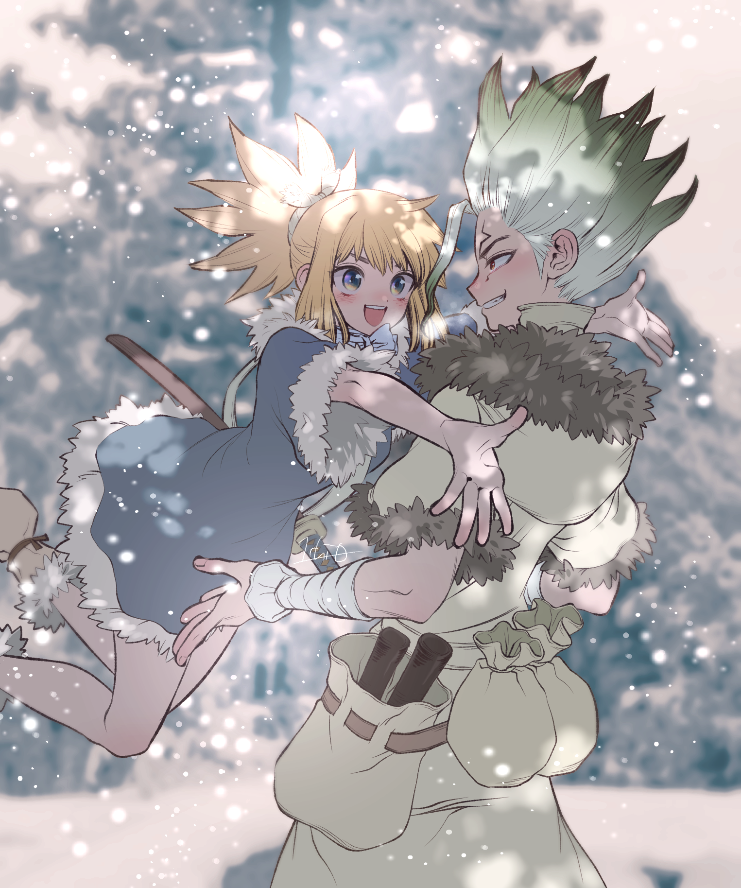 ninomae gin, ishigami senkuu, kohaku (dr. stone), dr. stone, highres, 1boy, 1girl, :d, bandaged arm, bandages, blonde hair, blue dress, blue eyes, blush, coat, dress, facial mark, fur trim, gradient eyes, gradient hair, green hair, hands up, hug, jumping, light blush, looking at another, multicolored eyes, multicolored hair, open mouth, outdoors, outstretched arms, over shoulder, ponytail, pouch, red eyes, rope, seductive smile, siblings, smile, snow, snowing, spiked hair, teeth, tree, two-tone hair, upper teeth only, weapon, weapon over shoulder, white rope, winter, winter clothes, winter coat