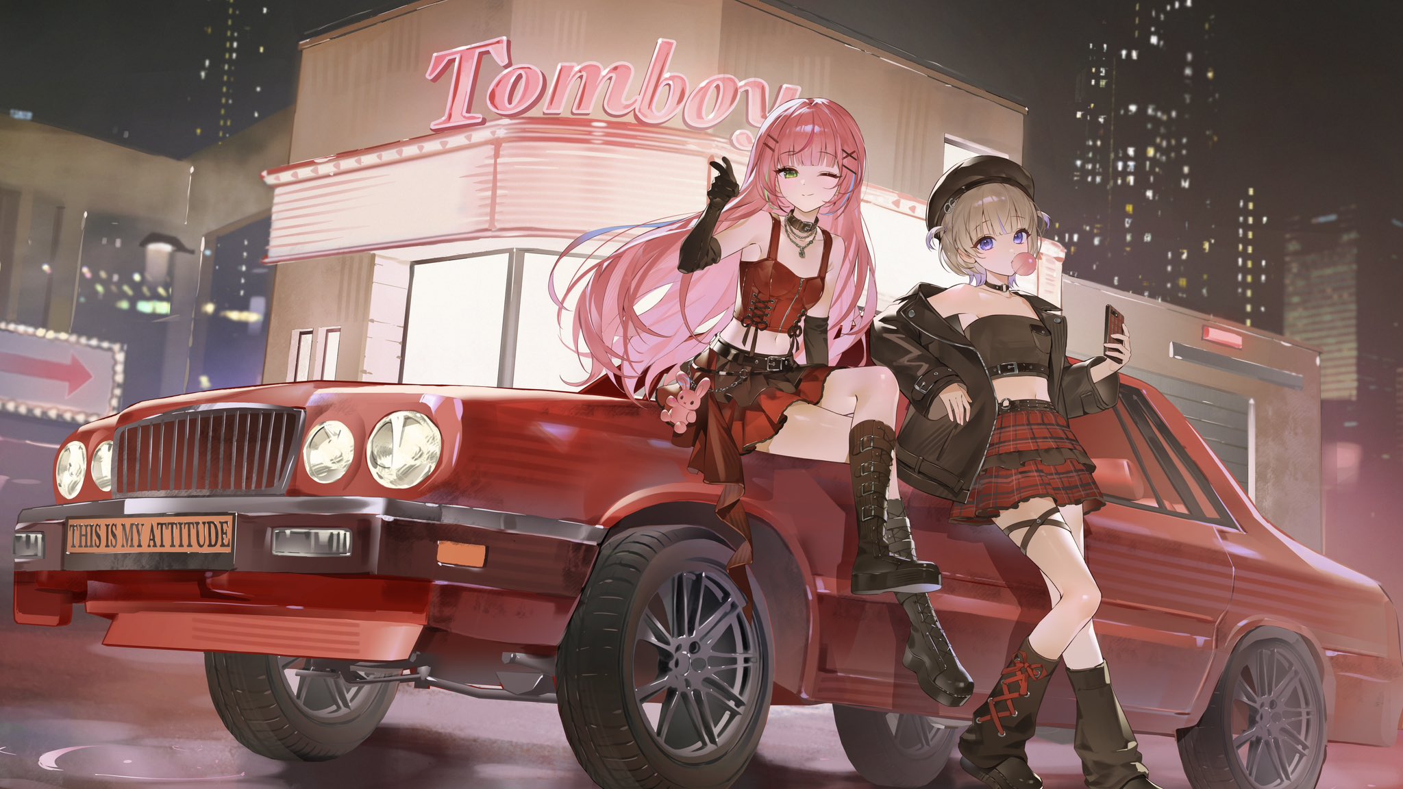 misa (misonyeo s2), hanako nana, todoroki hajime, hololive, hololive dev is, stellive, highres, 2girls, black boots, black gloves, black leg warmers, blonde hair, blowing bubble gum, blue hair, boots, chewing gum, cityscape, closed mouth, elbow gloves, gloves, green eyes, green skirt, hand up, holding, holding phone, knee boots, leg warmers, long hair, looking at viewer, midriff, multicolored hair, multiple girls, navel, night, night sky, one eye closed, outdoors, phone, pink hair, purple eyes, purple hair, red skirt, short hair, sitting, skirt, sky, standing, streaked hair, virtual youtuber