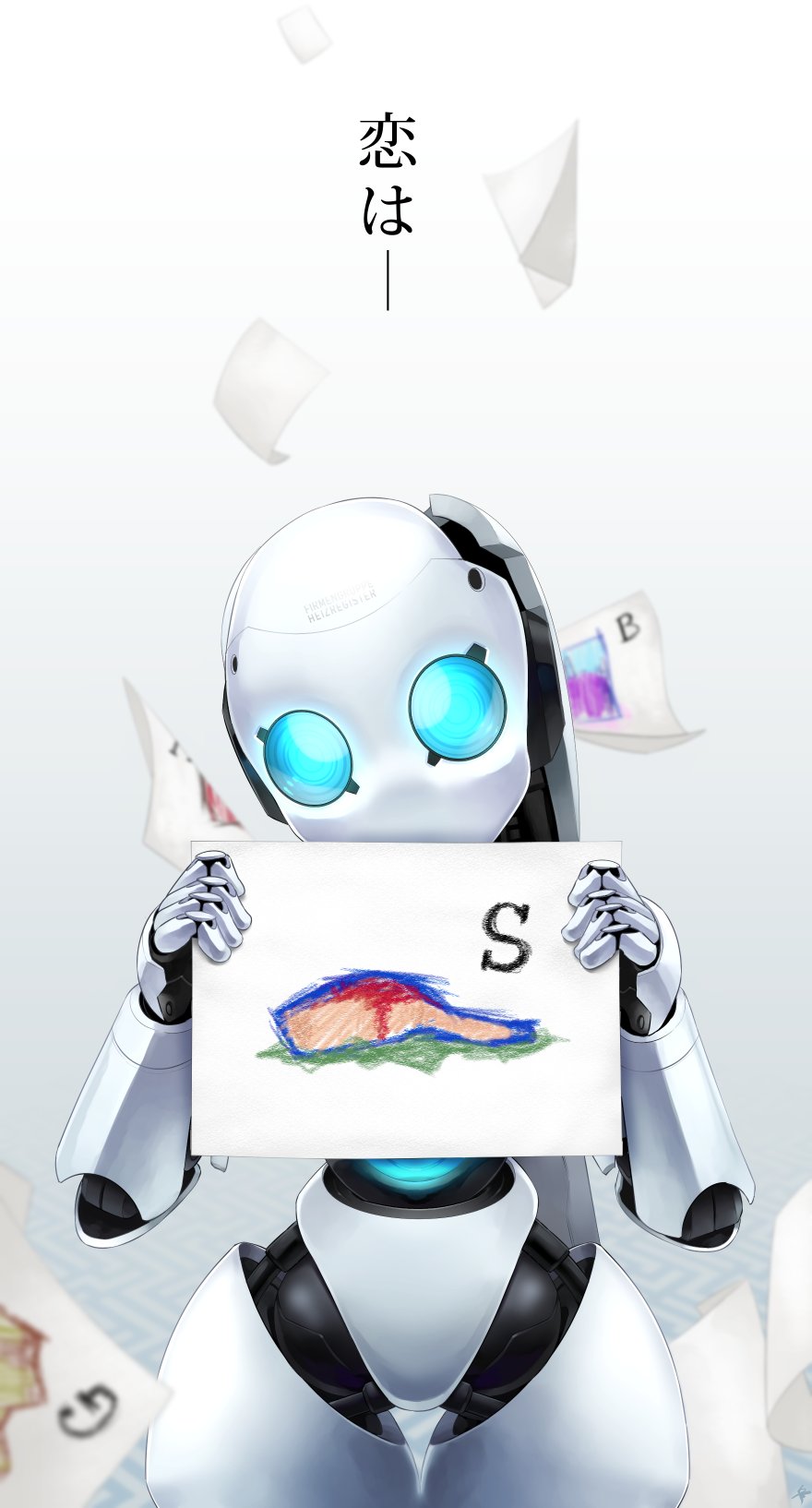 rati (absoluteblue), drossel von flugel, fireball (series), highres, 1girl, blue eyes, drawing (object), holding, holding drawing, humanoid robot, joints, mechanical hair, no mouth, robot, robot girl, robot joints, solo, thighs