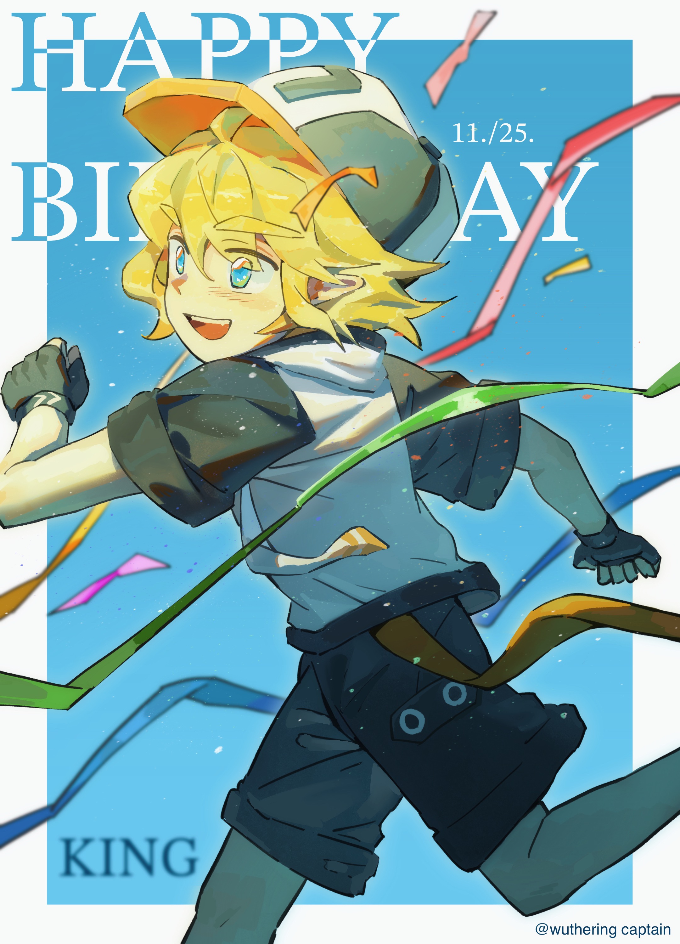 king (aotu world), aotu world, absurdres, chinese commentary, highres, 1boy, :d, ahoge, baseball cap, black gloves, black hat, black shorts, blonde hair, blue background, blue eyes, blush, border, character name, clenched hand, confetti, dated, english text, fang, feet out of frame, fingerless gloves, gloves, hair between eyes, happy birthday, hat, hood, hood down, hoodie, light particles, male focus, multicolored hat, multicolored hoodie, open mouth, pointy ears, ribbon, running, short hair, short sleeves, shorts, smile, solo, streamers, teeth, twitter username, upper teeth only, waist ribbon, white border, white hoodie, xia8394727, yellow ribbon