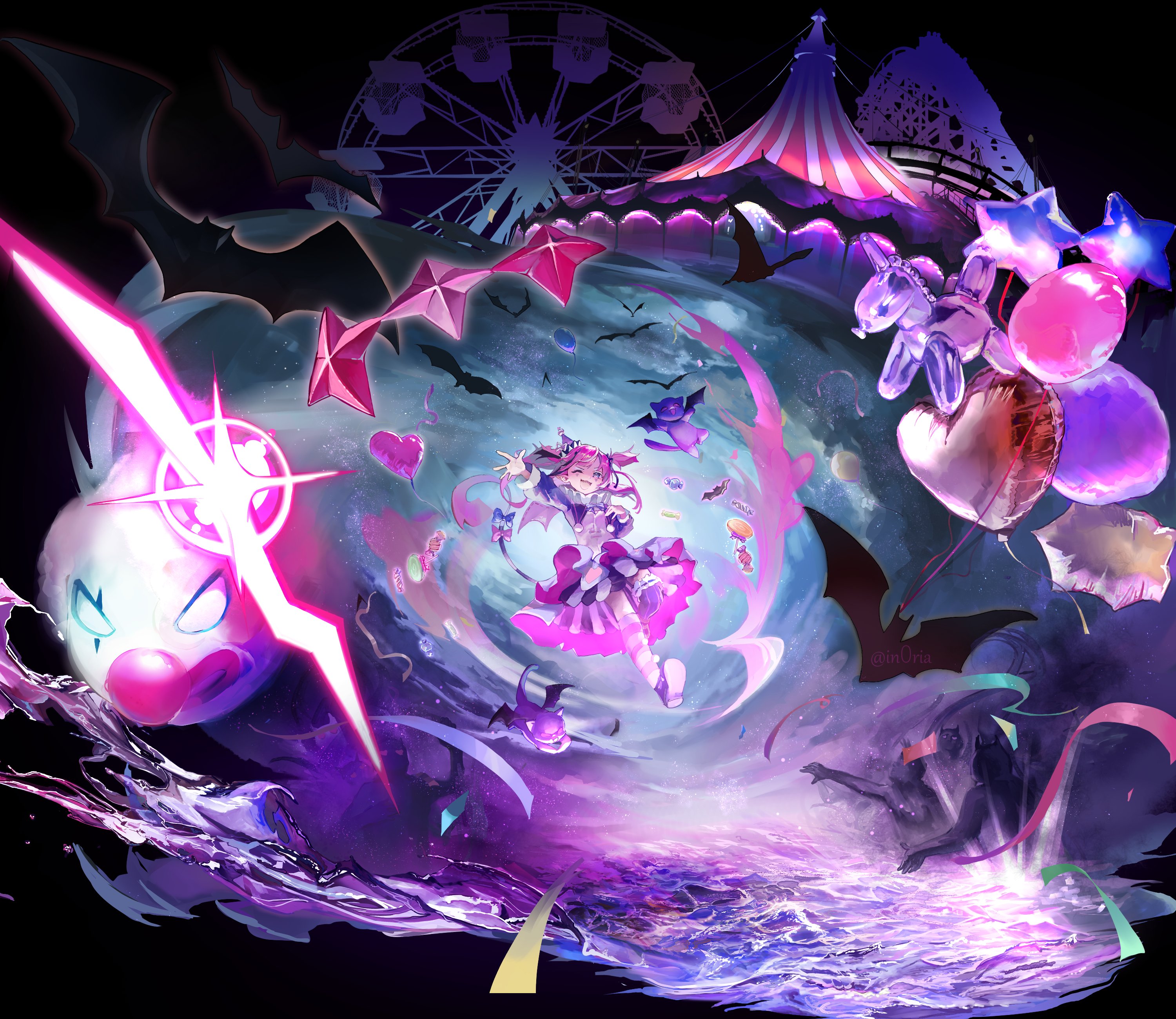 in0ria, camila (vtuber), cimp (camila (vtuber)), indie virtual youtuber, absurdres, highres, 1girl, ;3, arm up, asymmetrical legwear, balloon, balloon animal, bat (animal), bat wings, black background, black hair, bow, candy, cat, circus tent, cloud, clown, colored eyelashes, confetti, dark background, ferris wheel, food, frilled skirt, frills, full body, glint, hat, hat ribbon, heart balloon, lollipop, long hair, long sleeves, mismatched eyelashes, mismatched legwear, monster, multicolored hair, one eye closed, open mouth, party hat, pink hair, pom pom (clothes), purple hat, purple shirt, purple shoes, ribbon, roller coaster, sharp teeth, shirt, shoes, skirt, smile, star balloon, streaked hair, striped tail, swirl lollipop, tail, tail bow, tail ornament, teeth, twitter username, two side up, upper teeth only, virtual youtuber, white hair, wings, wrapped candy