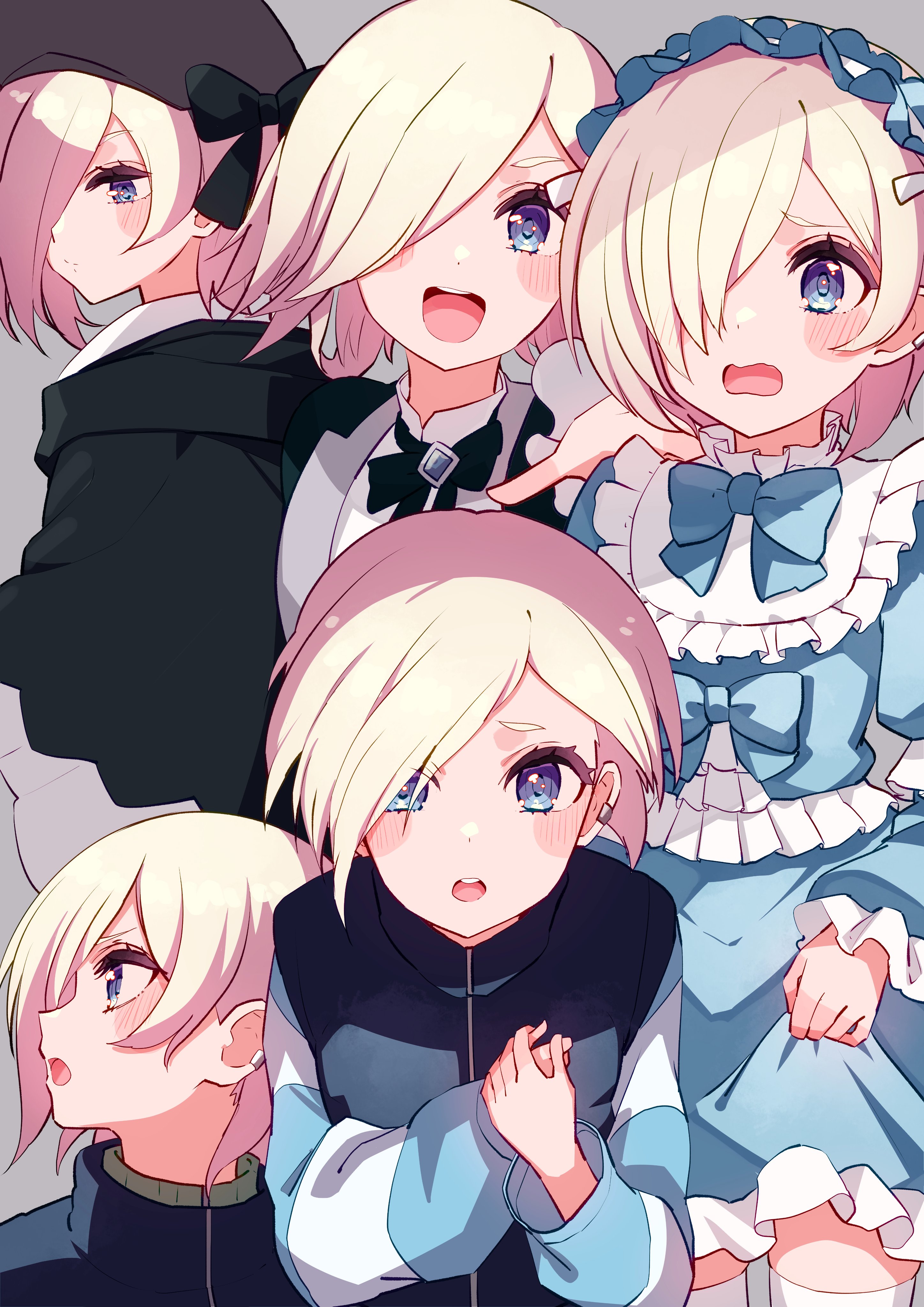 cream (nipakupa), mia taylor, love live!, love live! nijigasaki high school idol club, absurdres, commentary, highres, 1girl, birthday, blonde hair, blue eyes, blush, earclip, grey background, hat, long sleeves, looking at viewer, multiple views, short hair, thighhighs, upper body