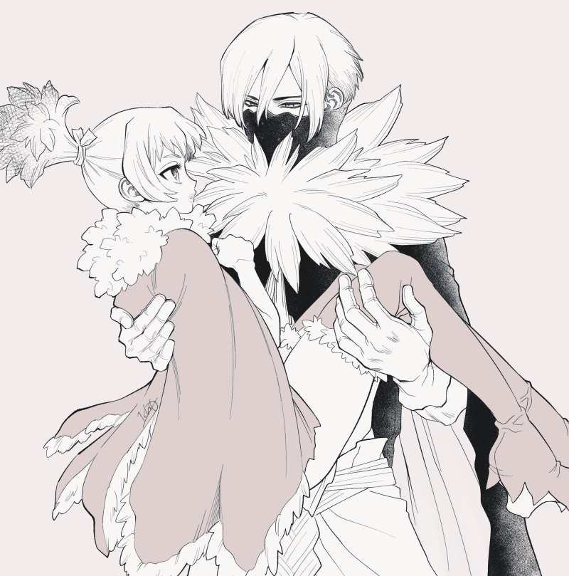 ninomae gin, hyoga (dr. stone), momiji homura, dr. stone, 1boy, 1girl, boots, cape, carrying, coat, fur trim, gloves, hand on own chest, hetero, high heels, high ponytail, implied hetero, lips, looking at another, mask, monochrome, mouth mask, ninja, ninja mask, open mouth, pants, parted lips, ponytail, princess carry, short hair, siblings, sidelocks, simple background, thick lips, thigh boots, thighhighs, white gloves, winter clothes, winter coat