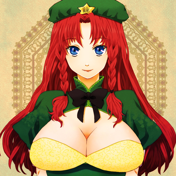 mot, hong meiling, embodiment of scarlet devil, touhou, bad id, bad pixiv id, 1girl, blue eyes, braid, breasts, cleavage, female focus, hat, huge breasts, large breasts, long hair, red hair, solo, twin braids, upper body