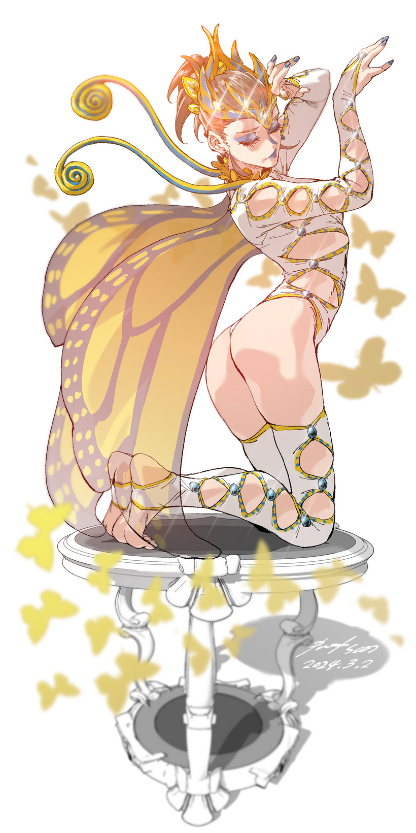 nabipenciller, original, highres, 1girl, ass, breasts, bridal gauntlets, butterfly wings, closed eyes, crown, earrings, eyeshadow, full body, grey hair, insect wings, jewelry, kneeling, leotard, lipstick, makeup, ponytail, small breasts, solo, stirrup legwear, toeless legwear, wings