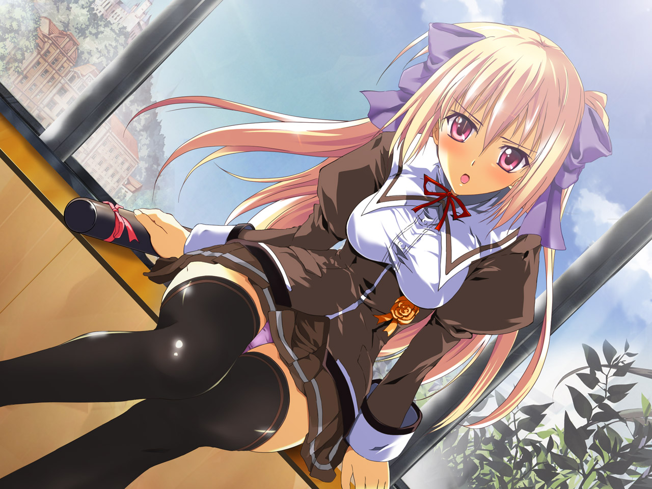 sazanami (artist), yugiri perserte, shinkyoku soukai polyphonica, lavender panties, bad id, bad pixiv id, 00s, 1girl, :o, black thighhighs, blonde hair, blush, breasts, building, cloud, day, dutch angle, embarrassed, female focus, flower, hair ribbon, knees together feet apart, landscape, leaf, legs together, long hair, looking at viewer, open mouth, panties, pantyshot, pink eyes, plaid clothes, plaid skirt, plant, pleated skirt, purple eyes, purple panties, ribbon, rose, school uniform, sitting, skirt, sky, solo, thighhighs, twintails, underwear, upskirt, very long hair, window, zettai ryouiki