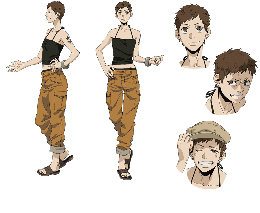 constance raveau, gangsta, artist request, official art, third-party source, 1girl, :3, adjusting clothes, adjusting headwear, angry, arm tattoo, black tank top, brown eyes, brown hair, brown hat, brown pants, brown sandals, closed mouth, collarbone, grey bracelet, grin, hand on headwear, hand on own hip, hat, midriff, multiple views, navel, one eye closed, pants, reference sheet, sandals, scowl, short hair, simple background, smile, standing, star (symbol), star tattoo, tank top, tattoo, teeth, v-shaped eyebrows, very short hair, white background