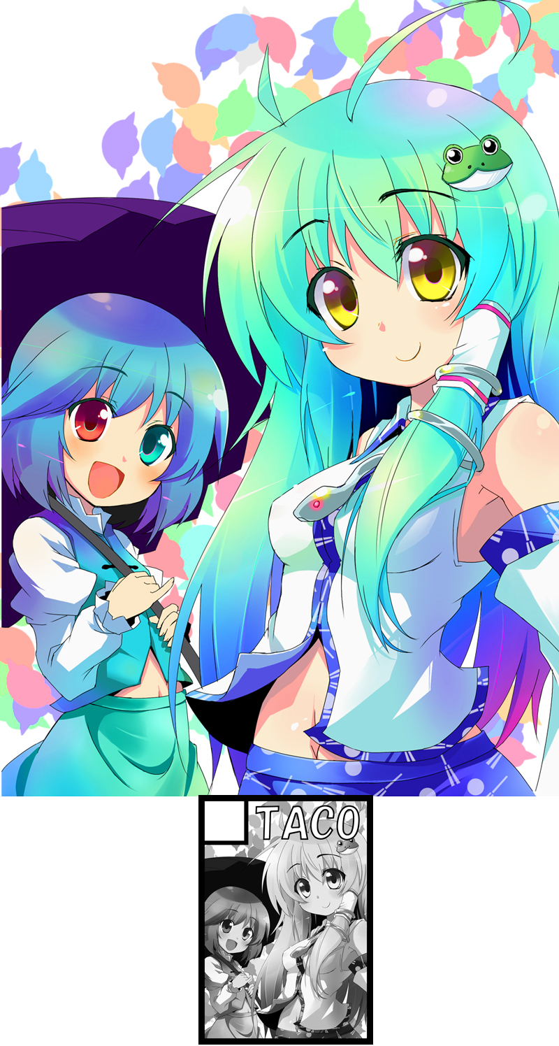sw (taco), kochiya sanae, tatara kogasa, touhou, bad id, bad pixiv id, highres, 2girls, blue eyes, blue hair, breasts, detached sleeves, female focus, frog, green hair, hair ornament, heterochromia, long hair, multiple girls, navel, red eyes, short hair, snake, standing, umbrella, yellow eyes