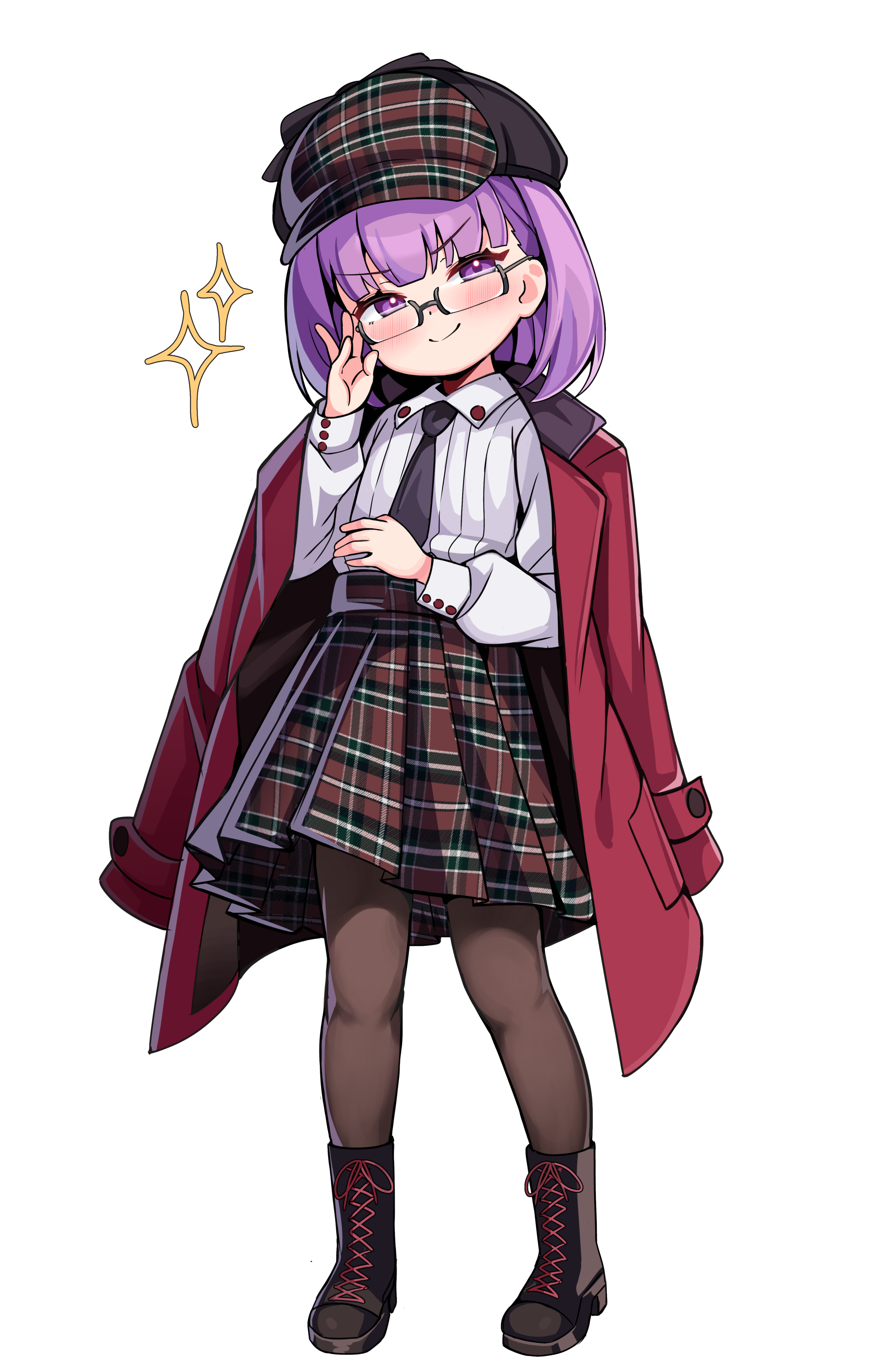 vieru2n, helena blavatsky (fate), fate/grand order, fate (series), tie, commission, commissioner upload, beret, boots, coat, coat on shoulders, glasses, hat, plaid clothes, plaid hat, plaid skirt, purple eyes, purple hair, shirt, short hair, skirt, thighs, white shirt