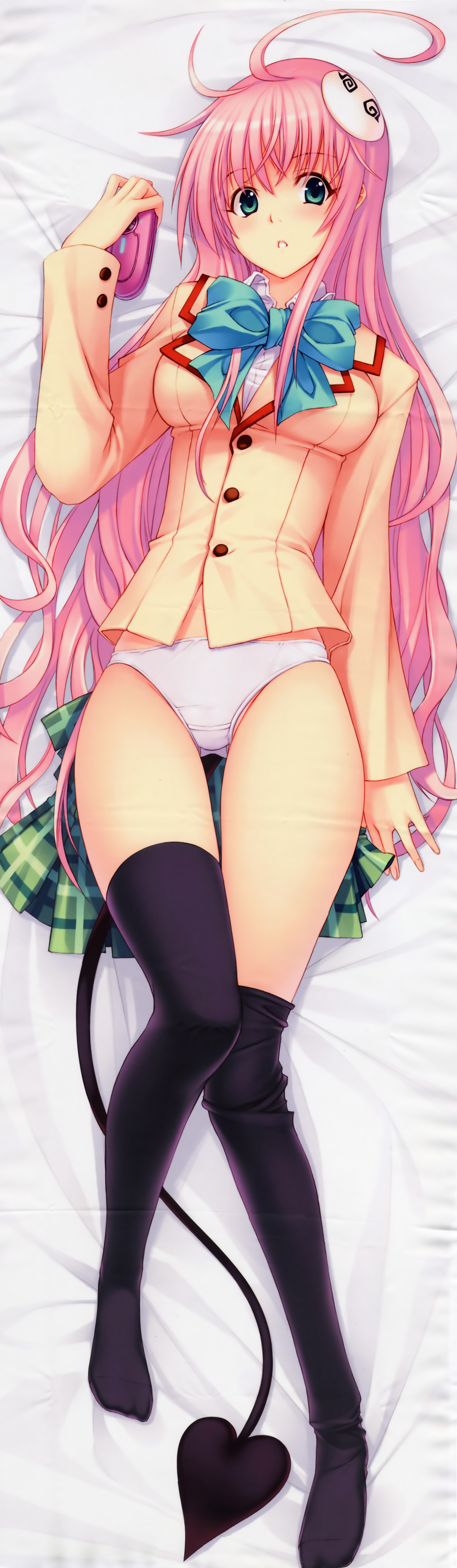 ky (nimbusky), sayori (neko works), lala satalin deviluke, peke (to love-ru), to love-ru, absurdres, highres, long image, tall image, 00s, 1girl, ahoge, black thighhighs, blush, bow, cellphone, dakimakura (medium), demon tail, female focus, fingernails, full body, green eyes, legs, long hair, long legs, long sleeves, looking at viewer, lying, on back, panties, parted lips, phone, pink hair, plaid clothes, plaid skirt, school uniform, skirt, solo, tail, thighhighs, thighs, underwear, unworn skirt, very long hair, white panties