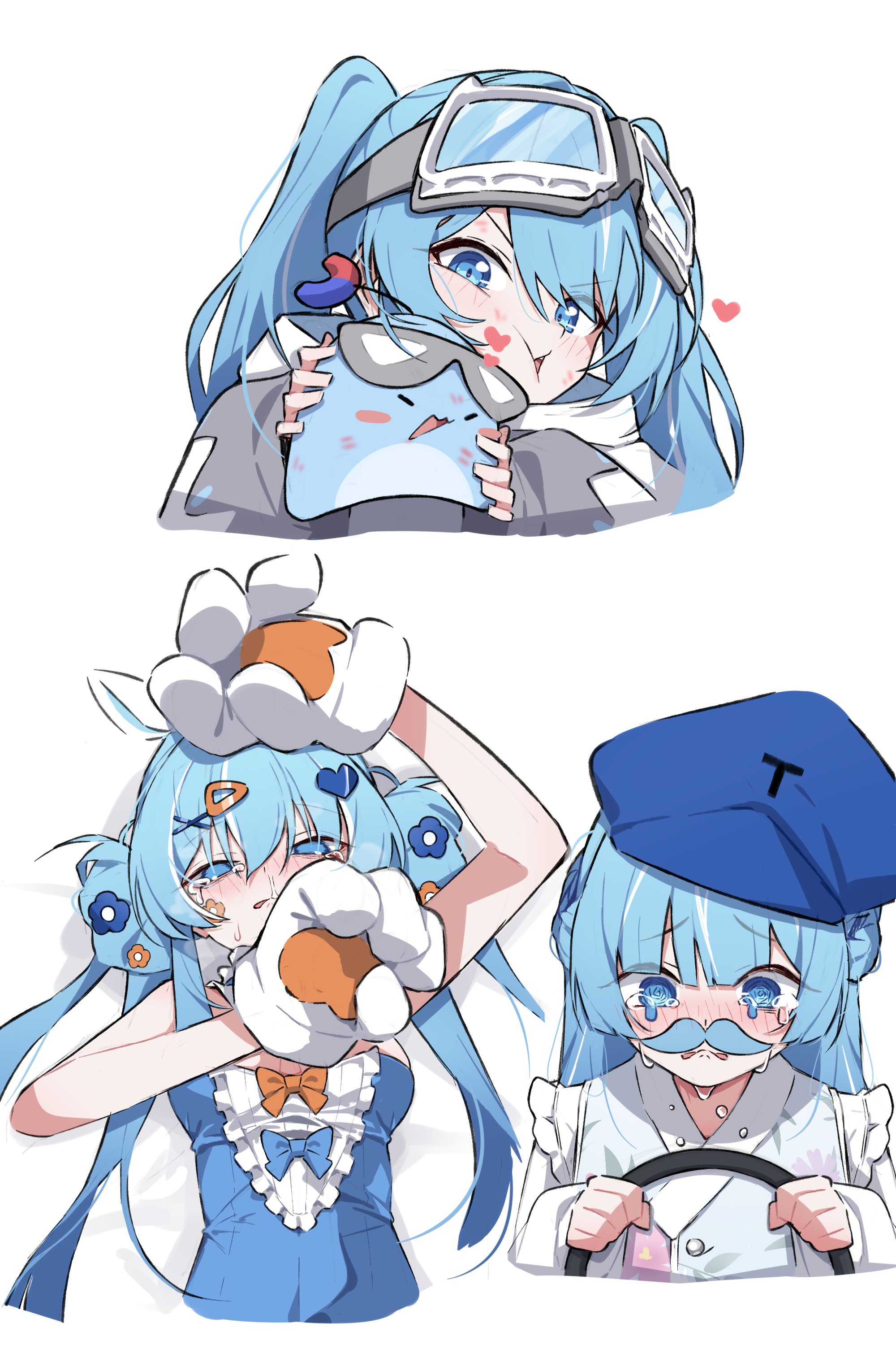 mmhomm, arahashi tabi, stellive, absurdres, highres, 1girl, animal ears, animal hands, blue eyes, blue hair, blue hat, blush, bow, cropped torso, crying, crying with eyes open, double bun, fake facial hair, fake mustache, gloves, goggles, goggles on head, hair bun, hair ornament, hairclip, hat, heart, heart hair ornament, holding, long hair, long sleeves, multiple views, paw gloves, shirt, simple background, tearing up, tears, twintails, upper body, v-shaped eyebrows, white background