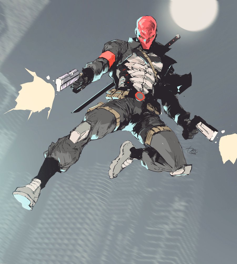 dexter soy, jason todd, batman (series), dc comics, red hood and the outlaws, commentary, english commentary, 1boy, bat signal, batman symbol, black bodysuit, bodysuit, full body, gloves, grey bodysuit, helmet, male focus, mask, multicolored bodysuit, muscular, red mask, simple background, solo, standing, superhero costume, sword, taut bodysuit, two-tone bodysuit, weapon, western comics (style), white eyes