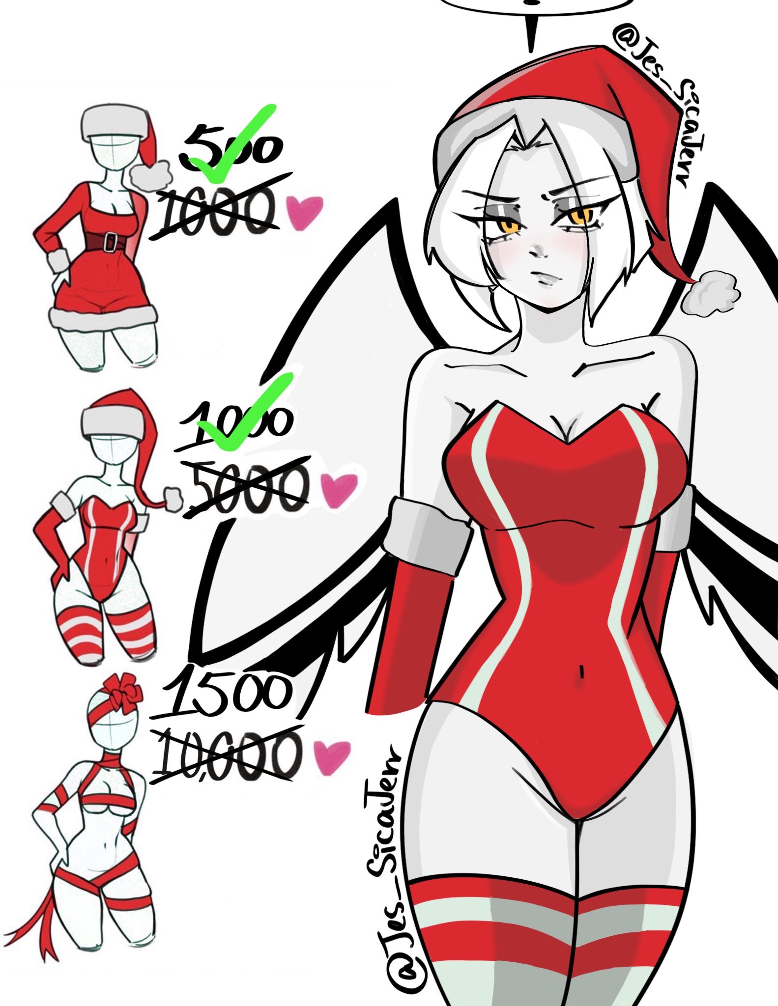 lute (hazbin hotel), hazbin hotel, hellaverse, commentary, english commentary, highres, 1girl, alternate costume, angel wings, breasts, cowboy shot, groin, halo, hat, heart, jes sicajerr, large breasts, leotard, naked ribbon, orange eyes, parted bangs, red hat, red leotard, red ribbon, red thighhighs, ribbon, santa costume, short hair, striped clothes, striped thighhighs, thighhighs, twitter strip game, white hair, white thighhighs, wings