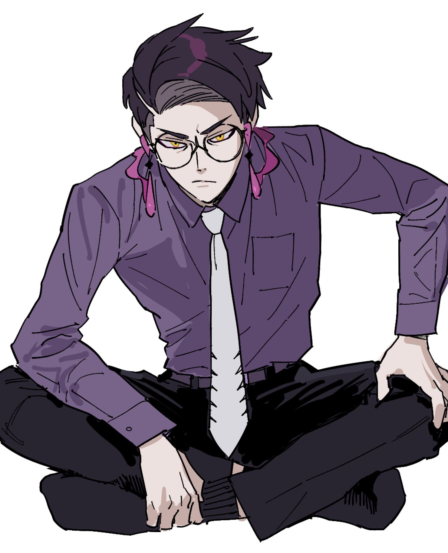 pkmnrkgk, corbeau (pokemon), nintendo, pokemon, pokemon legends: z-a, highres, 1boy, black-framed eyewear, black hair, black pants, black socks, closed mouth, collared shirt, glasses, hand on own knee, long sleeves, male focus, necktie, pants, purple shirt, round eyewear, shirt, short hair, sitting, socks, solo, white background, yellow eyes