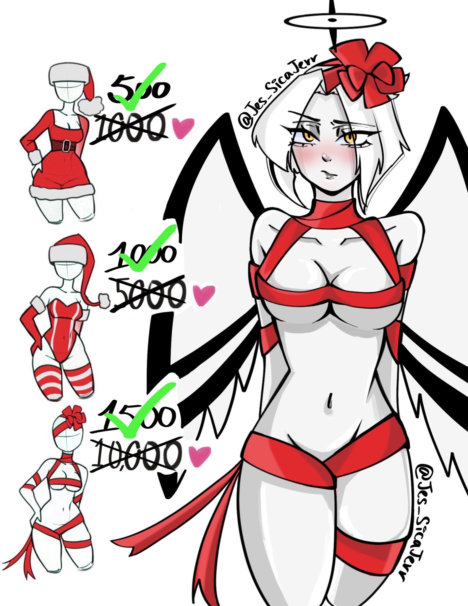 lute (hazbin hotel), hazbin hotel, hellaverse, commentary, english commentary, highres, 1girl, alternate costume, angel wings, blush, breasts, cowboy shot, groin, hair ribbon, halo, hat, heart, jes sicajerr, large breasts, leotard, naked ribbon, navel, orange eyes, red hat, red leotard, red ribbon, red thighhighs, ribbon, santa costume, shiny skin, short hair, striped clothes, striped thighhighs, thighhighs, twitter strip game, white hair, white thighhighs, wings