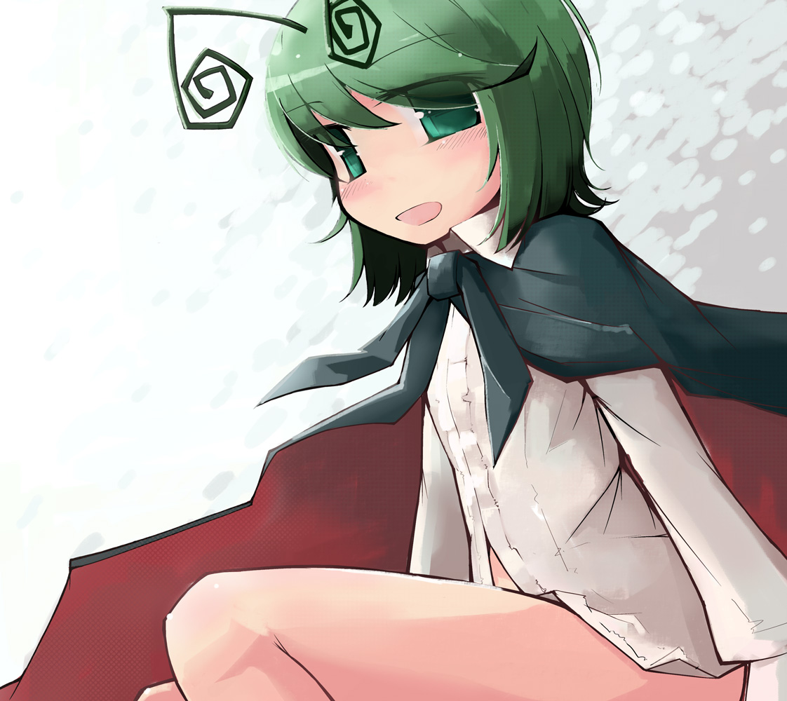 nakedgeneral, wriggle nightbug, touhou, bad id, bad pixiv id, 1girl, antennae, bottomless, cape, female focus, green eyes, green hair, matching hair/eyes, short hair, solo