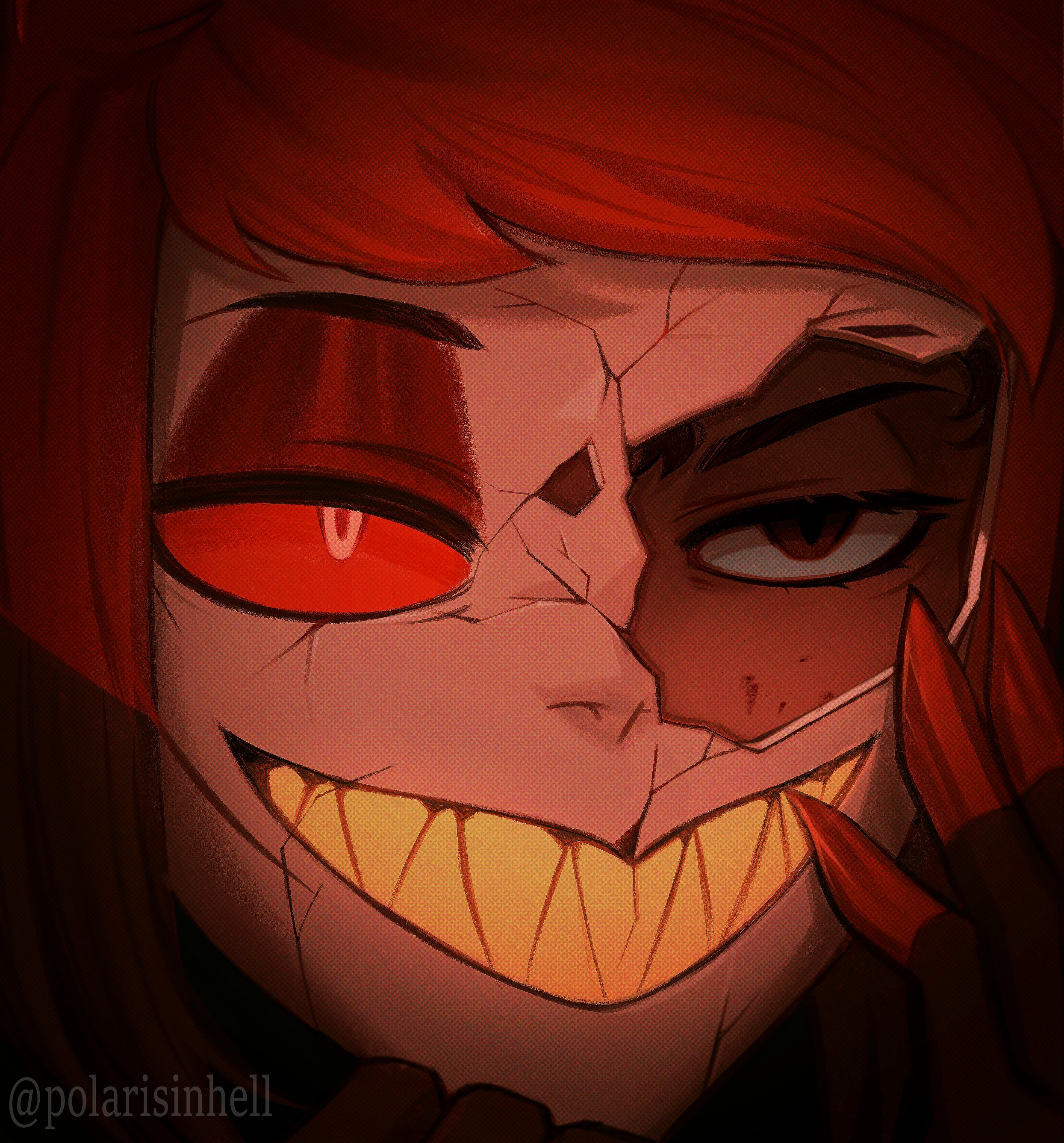 alastor (hazbin hotel), alastor (human) (hazbin hotel), hazbin hotel, hellaverse, absurdres, highres, 1boy, brown hair, colored sclera, colored skin, cracked kawaii mask, dark skin, grin, hand up, male focus, multicolored hair, polaris (polarisinhell), red eyes, red hair, red sclera, red skin, sharp teeth, short hair, smile, teeth, two-tone hair