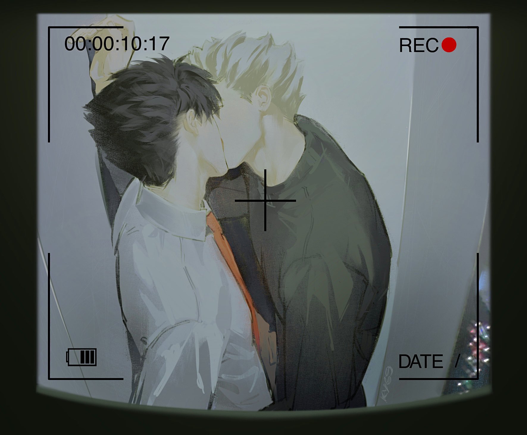 ky 69, bokuto koutarou, kuroo tetsurou, haikyuu!!, hashtag-only commentary, highres, 2boys, battery indicator, black hair, black shirt, camera feed, collared shirt, elevator, french kiss, grey hair, kiss, long sleeves, male focus, multicolored hair, multiple boys, necktie, orange necktie, shirt, short hair, two-tone hair, upper body, viewfinder, white hair, white shirt, yaoi