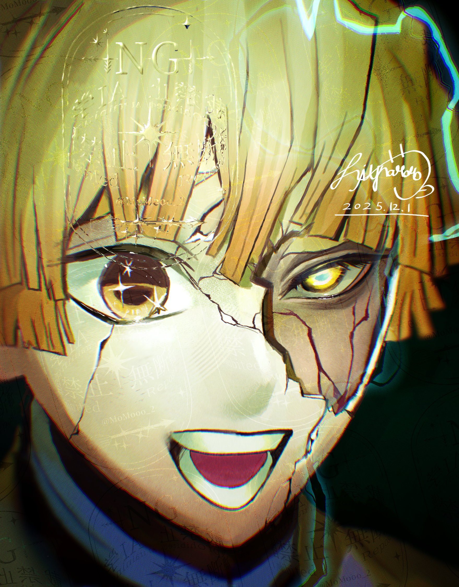 momonalily, agatsuma zenitsu, kimetsu no yaiba, highres, 1boy, :d, blonde hair, cracked kawaii mask, dated, male focus, open mouth, short hair, signature, smile, solo, teeth, tongue, watermark, yellow eyes