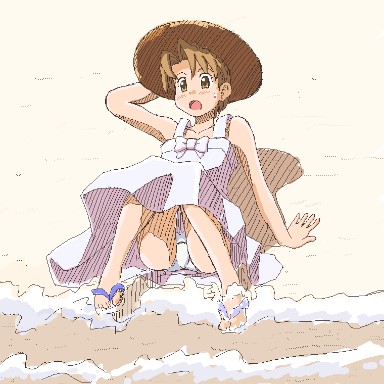 lielos, fujimoto atsuko, original, 1girl, beach, dress, female focus, hat, oekaki, open mouth, panties, pantyshot, sandals, solo, straw hat, sundress, underwear, upskirt