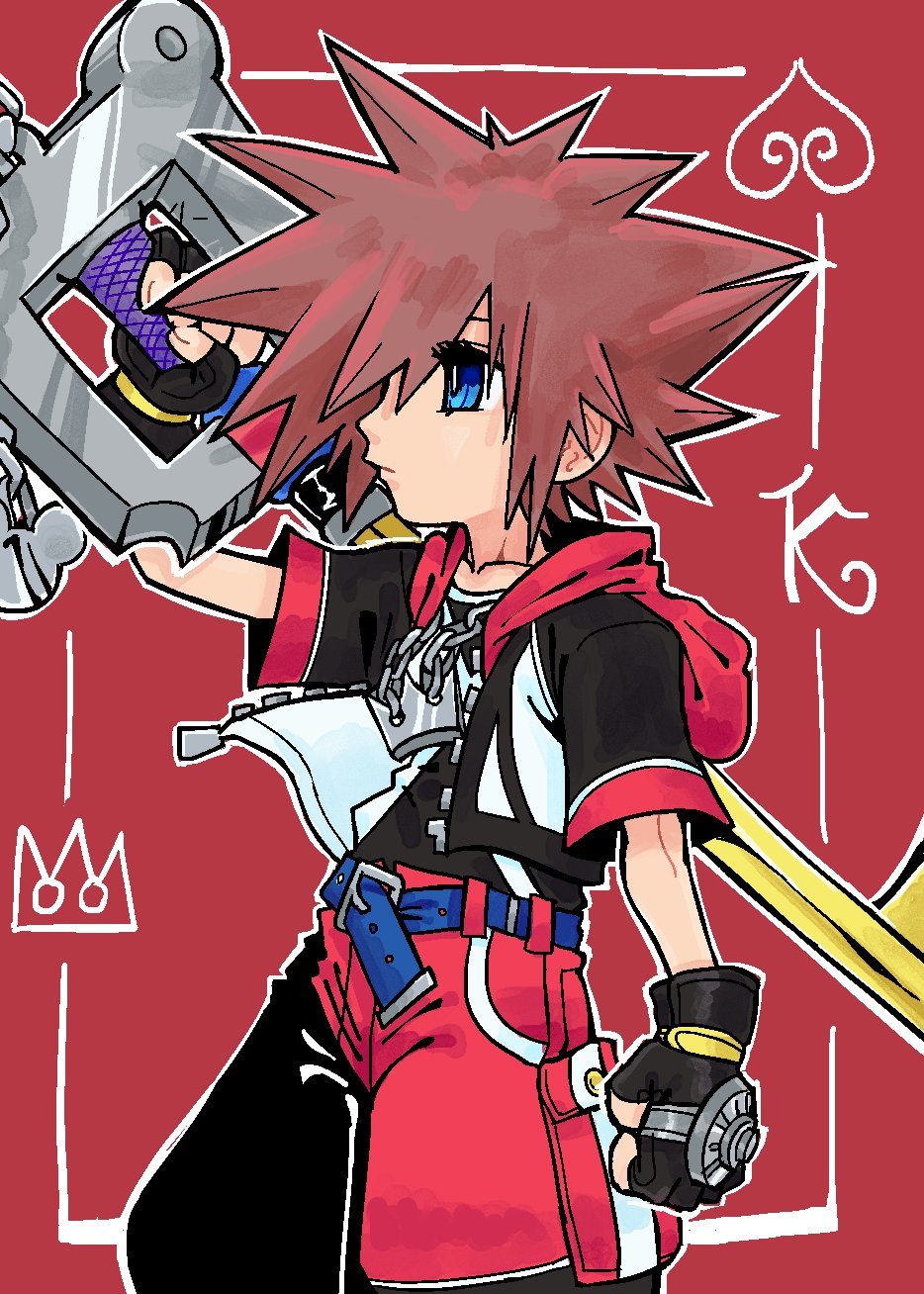 1her0, sora (kingdom hearts), kingdom hearts, kingdom hearts 3d: dream drop distance, highres, 1boy, arm up, belt, big hair, black gloves, black jacket, blue belt, blue eyes, brown hair, card, card background, chain, chain necklace, cowboy shot, crown, crown (symbol), crown necklace, expressionless, fingerless gloves, gloves, holding, holding weapon, hood, hood down, hooded jacket, jacket, jewelry, keyblade, king (playing card), king of spades, male focus, necklace, open clothes, open jacket, over shoulder, playing card, profile, red background, red hood, red jacket, red shorts, short hair, short sleeves, shorts, solo, spade (shape), spiked hair, sword, sword over shoulder, weapon, weapon over shoulder, wristband
