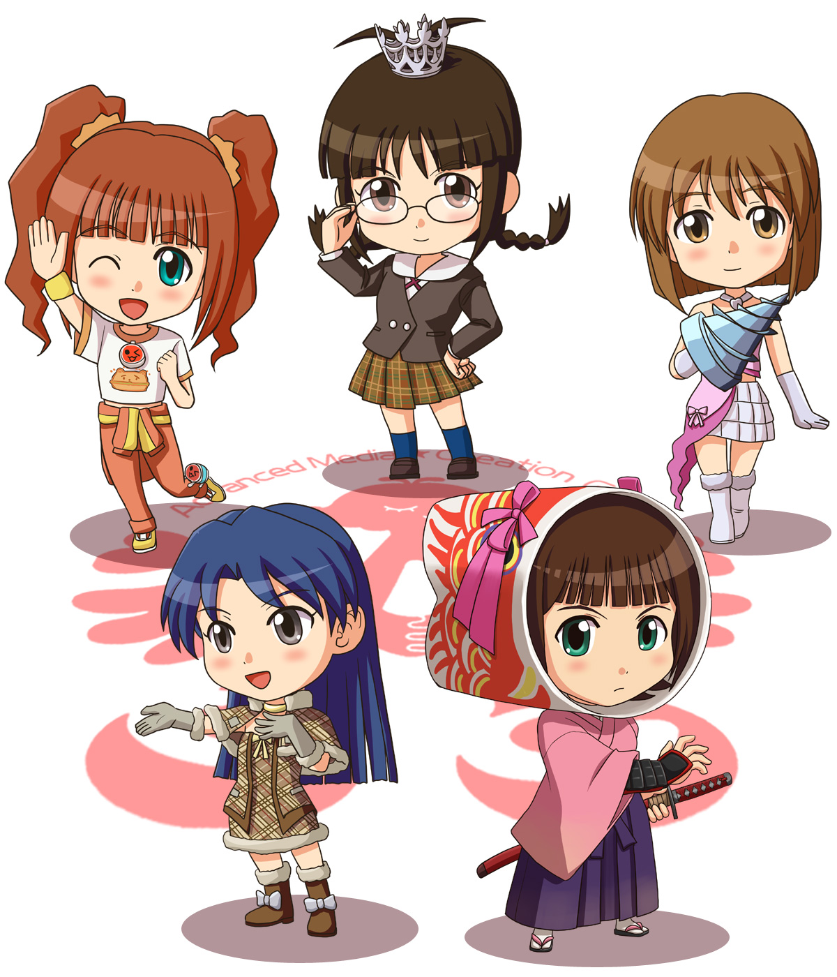 lielos, akizuki ritsuko, amami haruka, hagiwara yukiho, kisaragi chihaya, takatsuki yayoi, idolmaster, idolmaster (classic), highres, 00s, 5girls, chibi, cute & girly (idolmaster), drill, glasses, gloves, katana, multiple girls, school uniform, skirt, sword, weapon