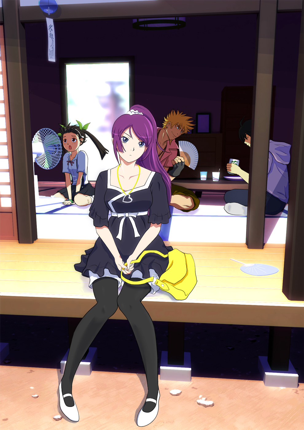 riverplus, araragi koyomi, hachikuji mayoi, oshino meme, senjougahara hitagi, bakemonogatari, monogatari (series), highres, 00s, 2boys, 2girls, bandages, black hair, blonde hair, blue eyes, bracelet, brown hair, electric fan, fanning face, hand fan, jewelry, legs, long hair, multiple boys, multiple girls, necklace, pantyhose, ponytail, purple hair, red eyes, scrunchie, shoes, wind chime