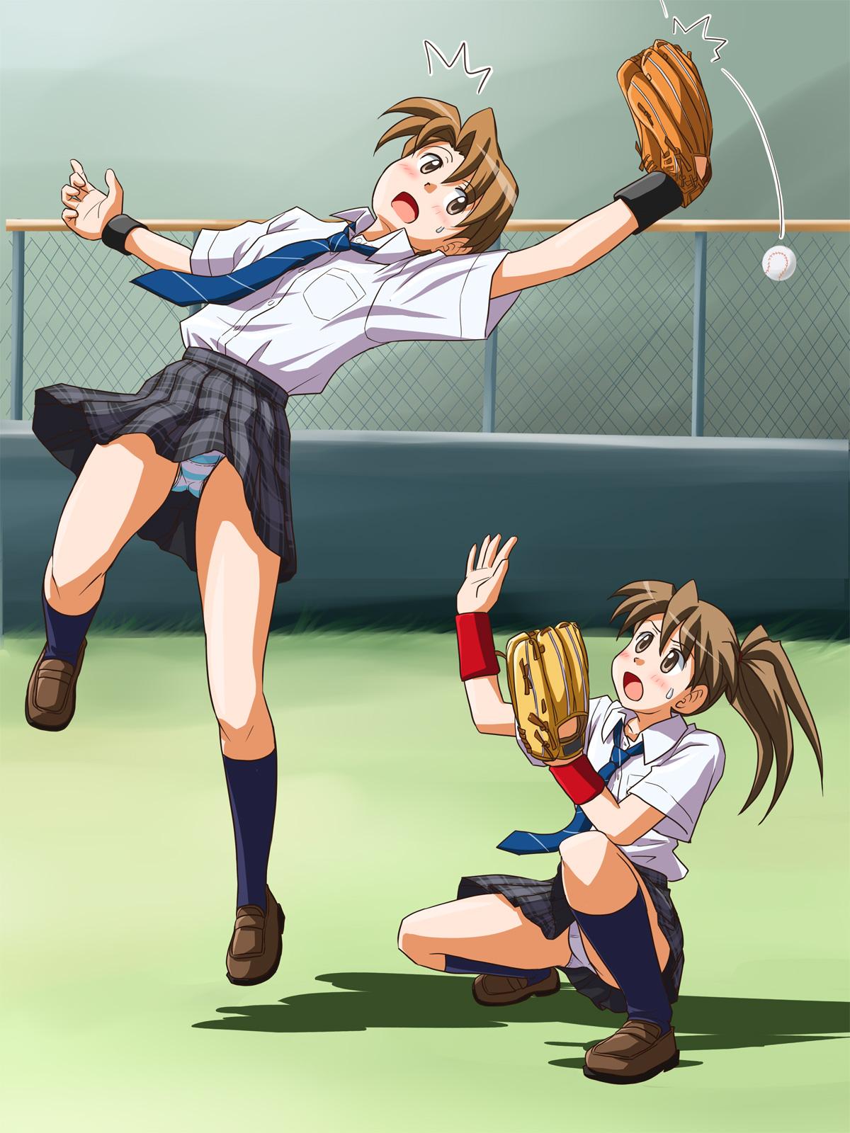 lielos, fujimoto atsuko, poniko (lielos), original, highres, 2girls, baseball, baseball glove, brown hair, multiple girls, panties, school uniform, short hair, squatting, striped clothes, striped panties, sweat, underwear, upskirt