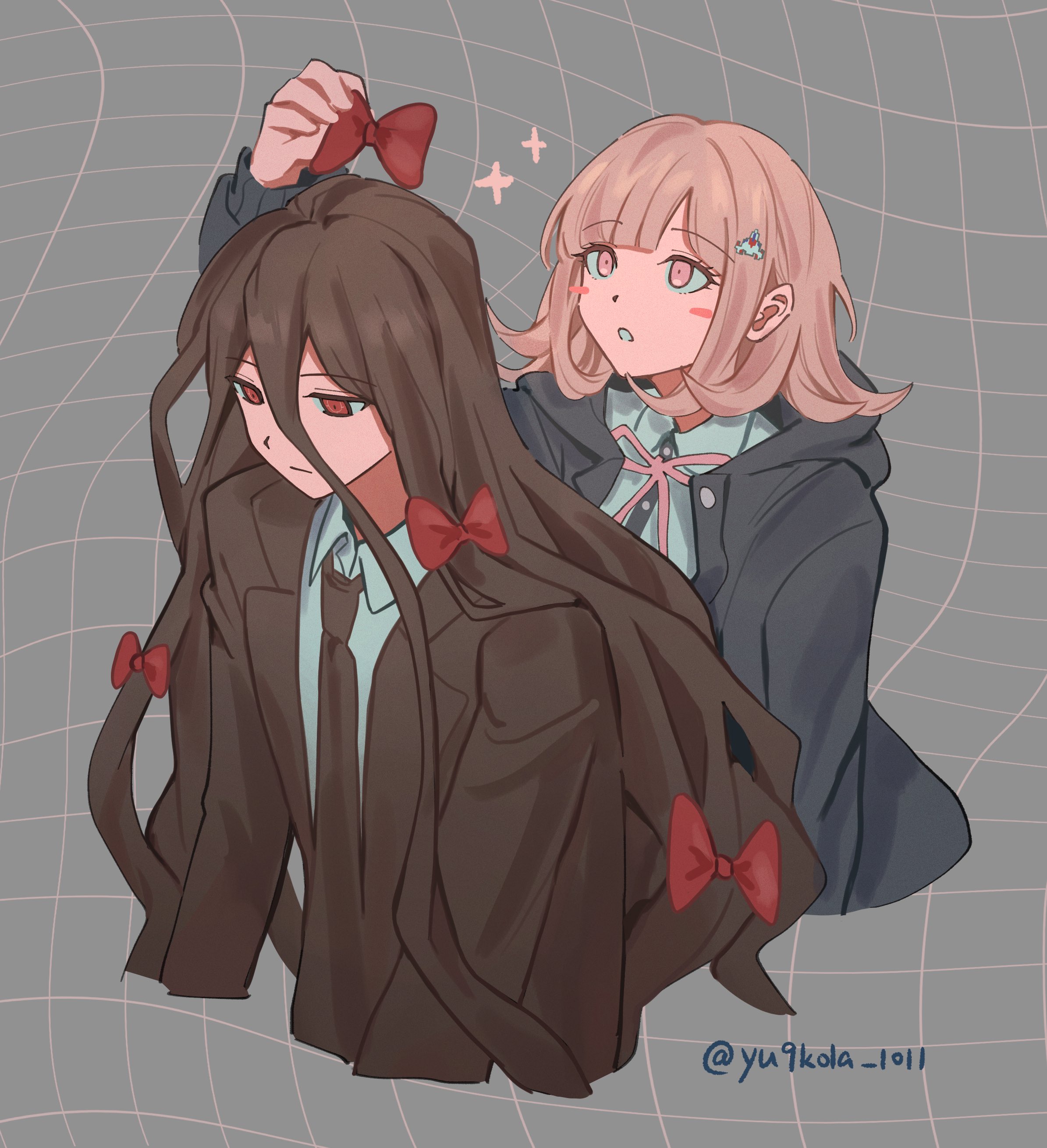 kamukura izuru, nanami chiaki, danganronpa (series), danganronpa 2: goodbye despair, absurdres, highres, 1boy, 1girl, :o, alternate hairstyle, blush stickers, bow, brown hair, brown jacket, brown necktie, collared shirt, cropped torso, flipped hair, grey background, hair bow, hair ornament, jacket, long hair, long sleeves, medium hair, neck ribbon, necktie, oepn jacket, open clothes, open jacket, pink eyes, pink ribbon, red bow, ribbon, shirt, sparkle, white shirt, yuyu (yu9kola 1011)