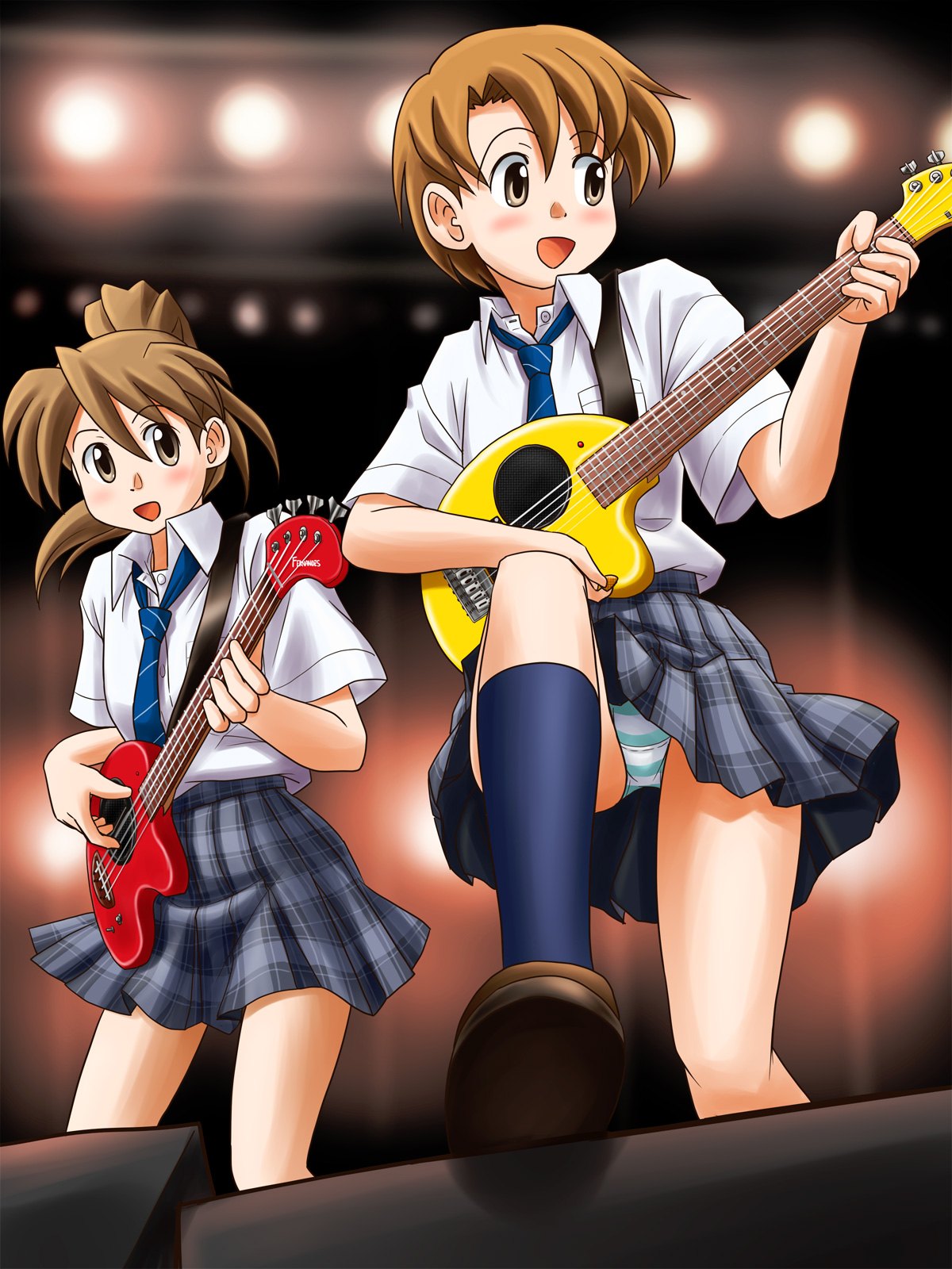 lielos, fujimoto atsuko, poniko (lielos), original, highres, 2girls, brown hair, guitar, instrument, multiple girls, panties, school uniform, short hair, striped clothes, striped panties, underwear, upskirt