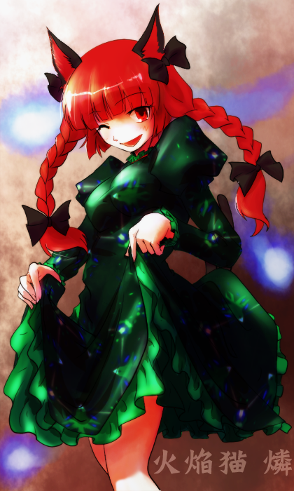 ikamagu, ikmg, kaenbyou rin, touhou, 1girl, animal ears, bow, braid, cat ears, cat girl, clothes lift, dress, dress lift, female focus, hair bow, hair ribbon, multiple hair bows, one eye closed, red eyes, red hair, ribbon, short hair, solo, twin braids, twintails, wink