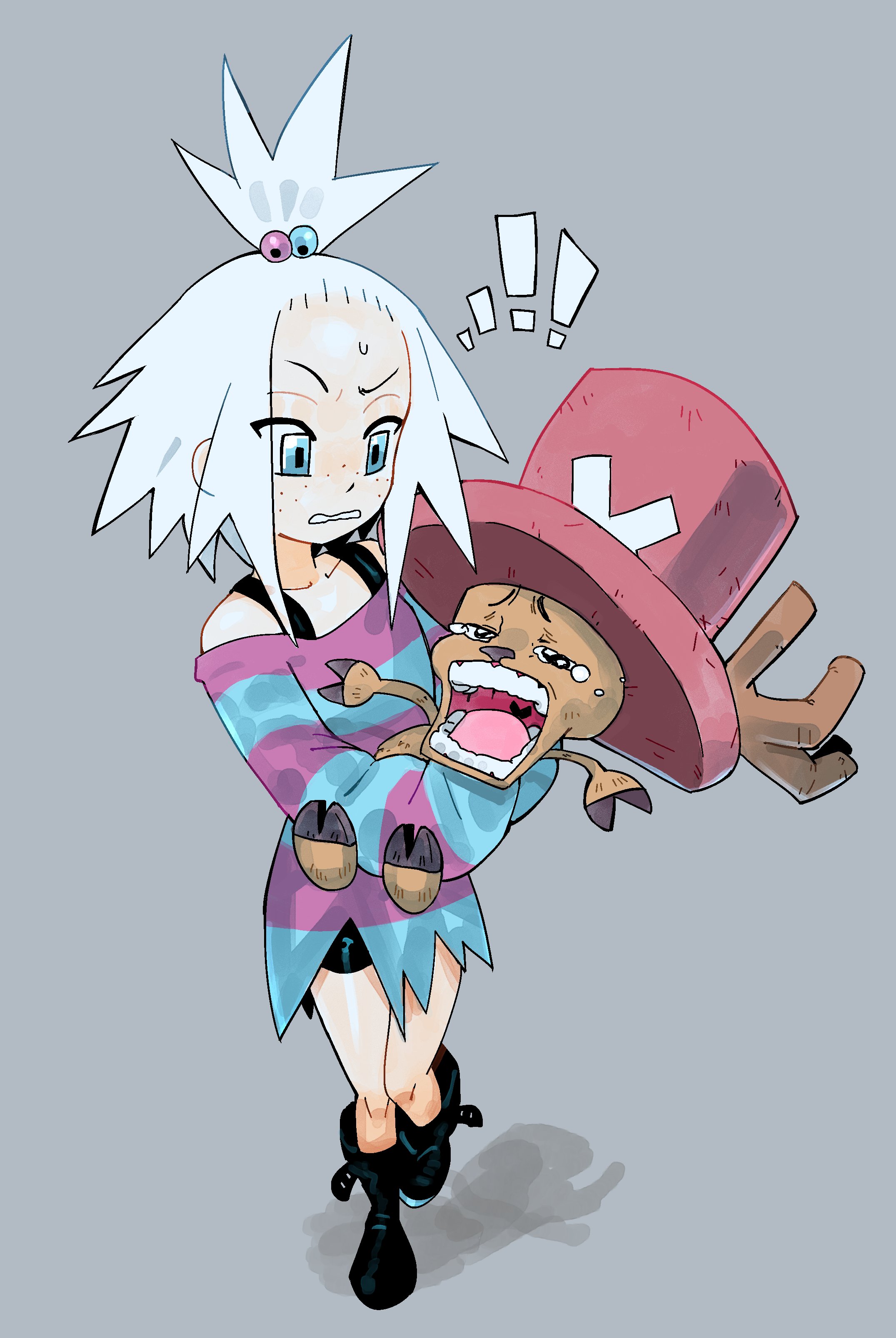 1her0, roxie (pokemon), tony tony chopper, nintendo, one piece, pokemon, pokemon bw2, absurdres, highres, !, !!, 1boy, 1girl, animal, animal nose, ankle boots, antlers, bike shorts, black boots, black shorts, blue eyes, blue shirt, body fur, boots, brown fur, carrying, carrying person, crossover, crying, crying with eyes open, forehead, freckles, full body, hair bobbles, hair ornament, hat, holding, holding animal, hooves, horns, long shirt, long sleeves, multicolored hair bobbles, off-shoulder shirt, off shoulder, open mouth, parted lips, purple shirt, raised eyebrow, reindeer antlers, reindeer boy, shirt, short hair, shorts, standing, striped clothes, striped shirt, sweatdrop, tears, topknot, white hair