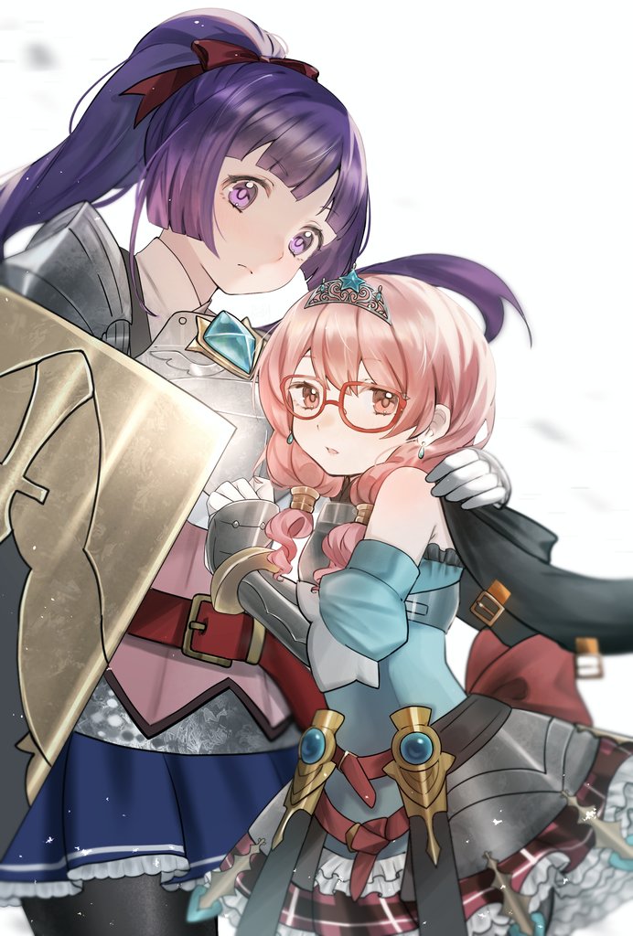 sakuraso, arianna caledonia, chloe de gervaise, etrian odyssey, sekaiju no meikyuu, shin sekaiju no meikyuu 2, translated, 2girls, alternate costume, alternate hairstyle, armor, bare shoulders, black pantyhose, blue skirt, bow, breastplate, class change, closed mouth, detached sleeves, gauntlets, glasses, high ponytail, long hair, multiple girls, open mouth, pantyhose, pauldrons, pink eyes, pink hair, plaid clothes, plaid skirt, ponytail, protecting, purple eyes, purple hair, red bow, shoulder armor, skirt, tiara, tower shield