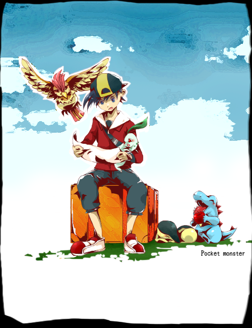 ecoro, chikorita, cyndaquil, ethan (pokemon), pidgeotto, totodile, nintendo, pokemon, pokemon hgss, 00s, 1boy, apple, baseball cap, blue eyes, blue hair, capri pants, cloud, copyright name, food, fruit, gen 1 pokemon, gen 2 pokemon, hat, jacket, male focus, map, matching hair/eyes, pants, pokemon (creature), reading, shorts, sitting, sky, starter pokemon trio