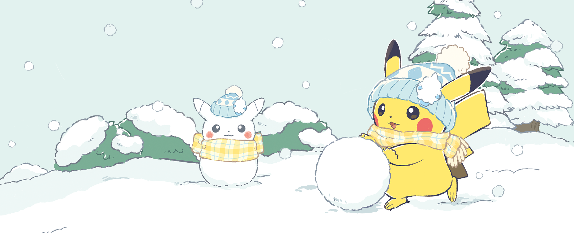 pikachu, vanillite, nintendo, pokemon, character snowman, artist request, highres, official art, beanie, building snowman, bush, gen 1 pokemon, gen 5 pokemon, hat, hat pin, no humans, outdoors, pine tree, plaid clothes, plaid scarf, pokemon (creature), pom pom (clothes), pom pom beanie, scarf, snow, snowball, snowing, snowman, tree, winter, winter clothes, yellow scarf