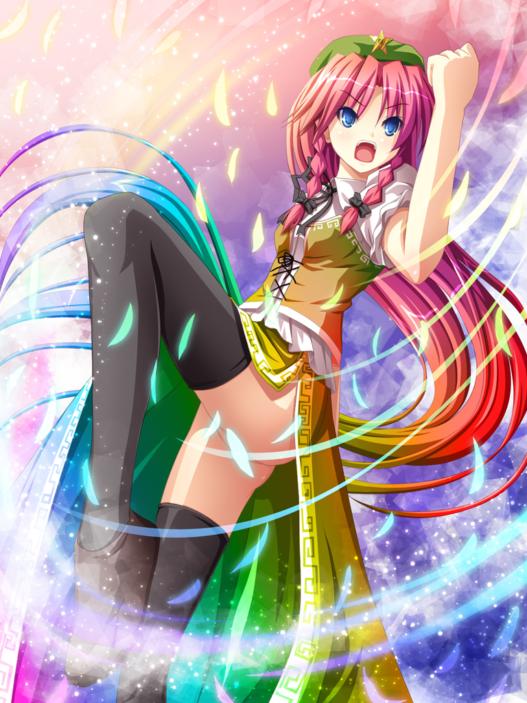 akashio (loli ace), hong meiling, immaterial and missing power, touhou, bad id, bad pixiv id, 1girl, blue eyes, censored, convenient censoring, female focus, gradient background, gradient hair, hat, long hair, multicolored hair, no panties, red hair, skirt, solo, thighhighs, very long hair