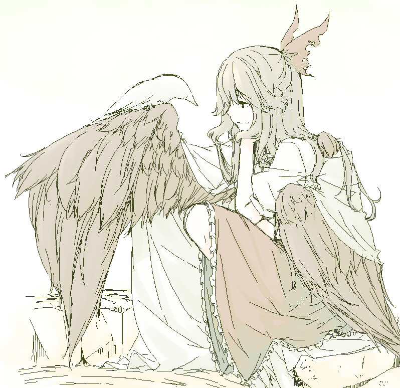 sakuraba yuuki, reiuji utsuho, touhou, duplicate, 1girl, bird, black hair, blouse, bow, female focus, from side, hair ribbon, half updo, head rest, long hair, oekaki, ribbon, shirt, simple background, sitting, solo, white background, white shirt, wings