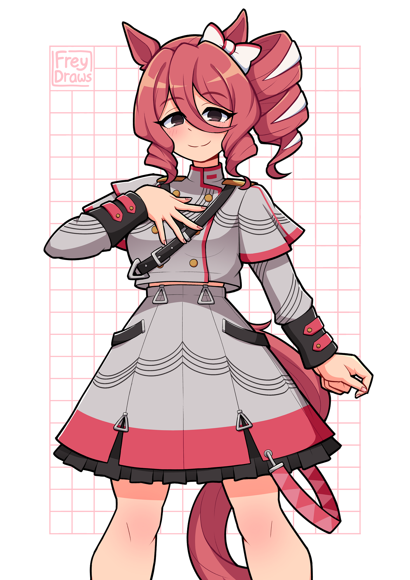 freydraws, kasane teto, kasane teto (sv), norn ace (umamusume), synthesizer v, umamusume, umamusume: cinderella gray, utau, commentary, english commentary, highres, 1girl, animal ears, artist name, black skirt, bow, breasts, closed mouth, cosplay, cowboy shot, grey skirt, grid background, hand on own chest, horse ears, horse girl, horse tail, kasane teto (cosplay), looking at viewer, medium breasts, medium hair, multicolored skirt, red hair, red skirt, single drill, skirt, smile, solo, tail