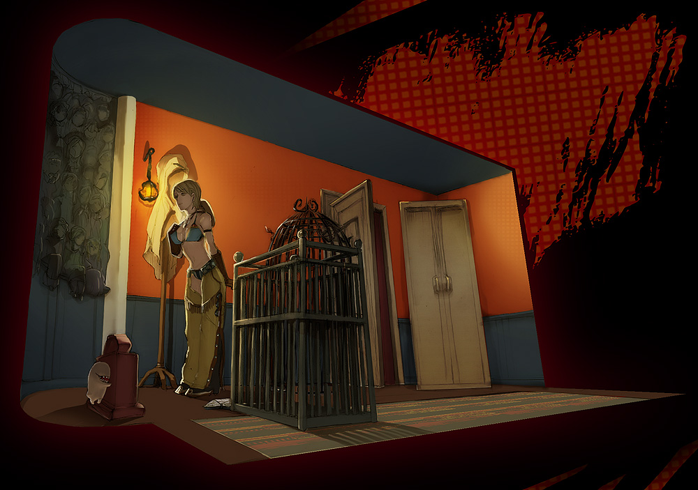 ichimura (kiln), fiona belli, capcom, demento, homunculus, bad id, bad pixiv id, 1girl, alternate costume, bikini, blonde hair, boots, breasts, cage, chaps, cowboy boots, cowboy hat, doll, door, female focus, gloves, hat, large breasts, open door, ponytail, short hair, solo, swimsuit