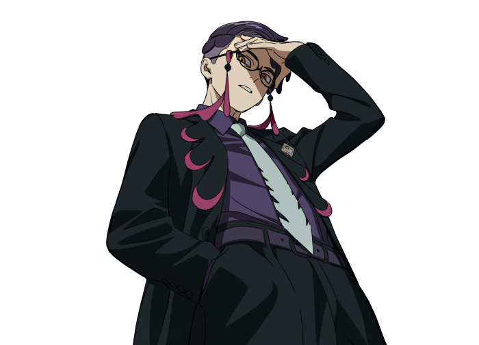 yoko.u, corbeau (pokemon), nintendo, pokemon, pokemon legends: z-a, 1boy, arm up, belt, black-framed eyewear, black coat, black hair, black pants, coat, collared shirt, glasses, hand in pocket, long sleeves, male focus, necktie, open clothes, open coat, pants, purple belt, shirt, short hair, simple background, solo, teeth, white background, yellow eyes